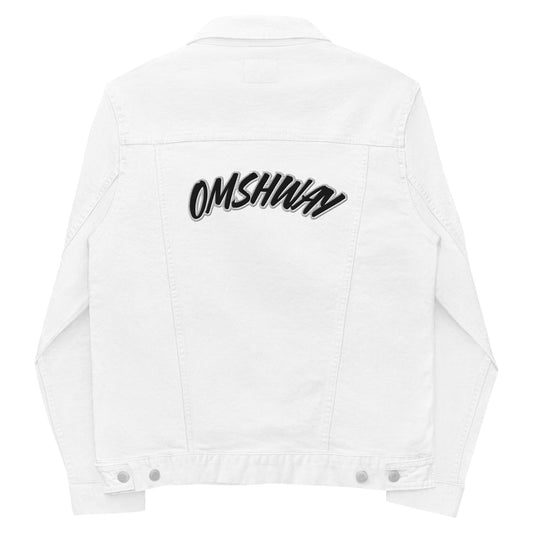 Omshway Unisex Denim Jacket with distressed details, button closures, and front pockets in a classic, versatile design, white back view