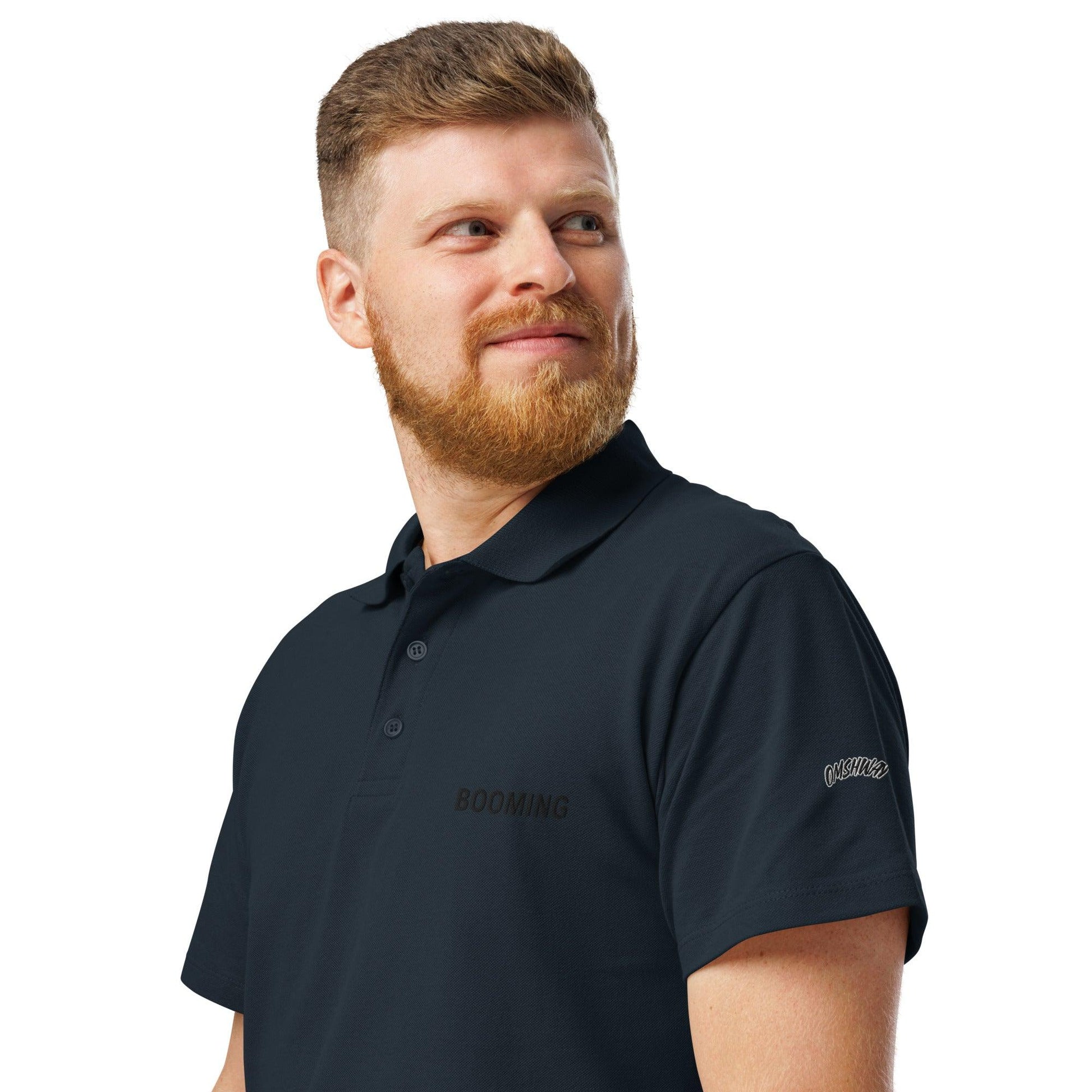 Premium pique polo shirt for men and women, featuring a classic design with a comfortable fit, ideal for casual or business casual wear, navy left front view- Omshway Store