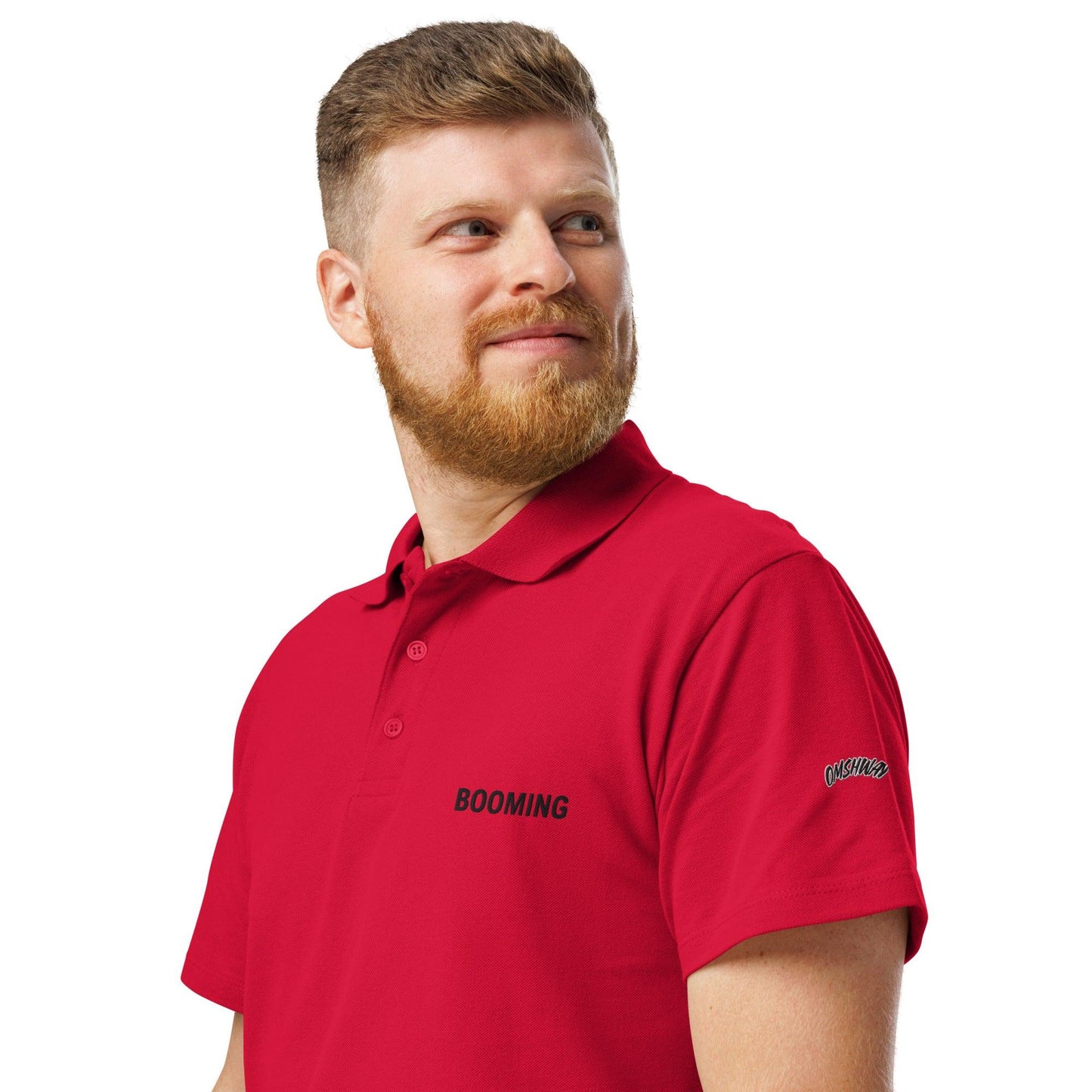 Premium pique polo shirt for men and women, featuring a classic design with a comfortable fit, ideal for casual or business casual wear, red left front view - Omshway Store