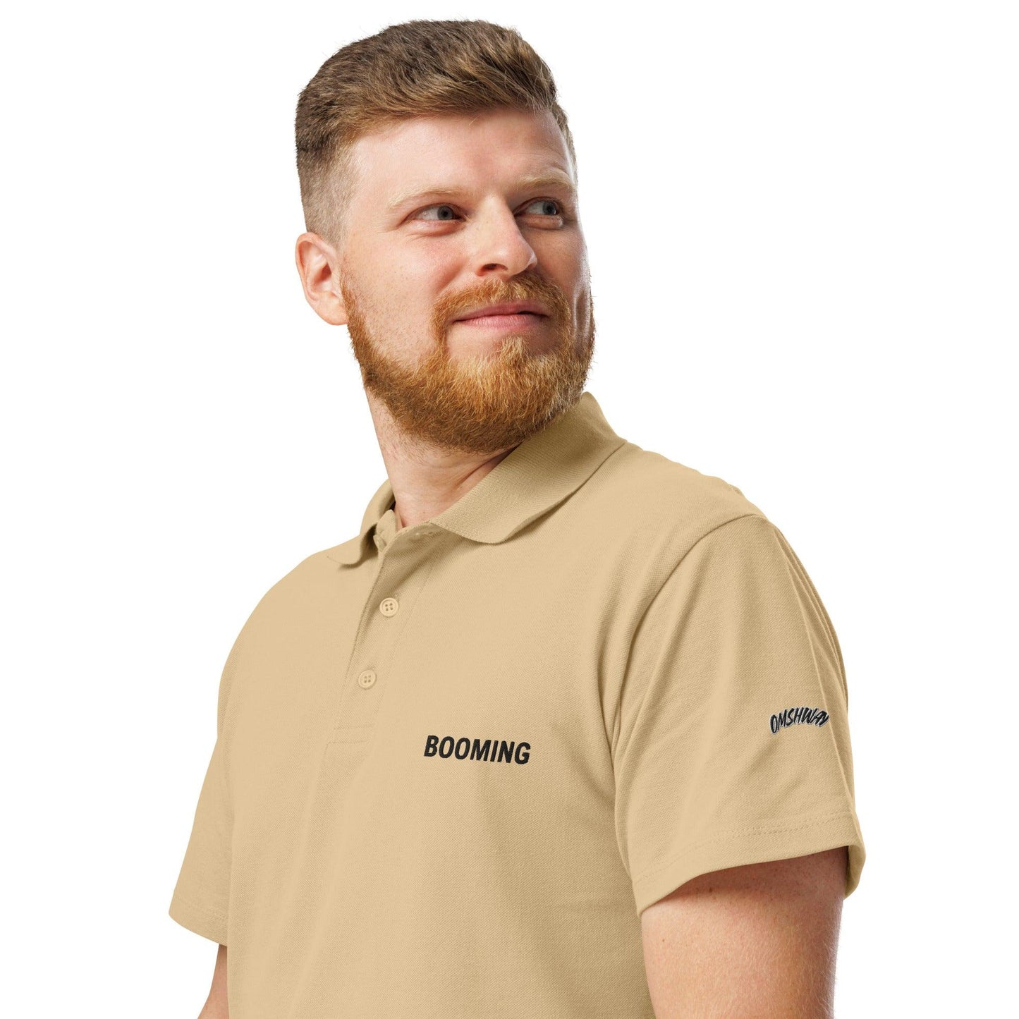 Premium pique polo shirt for men and women, featuring a classic design with a comfortable fit, ideal for casual or business casual wear sand left front view - Omshway Store