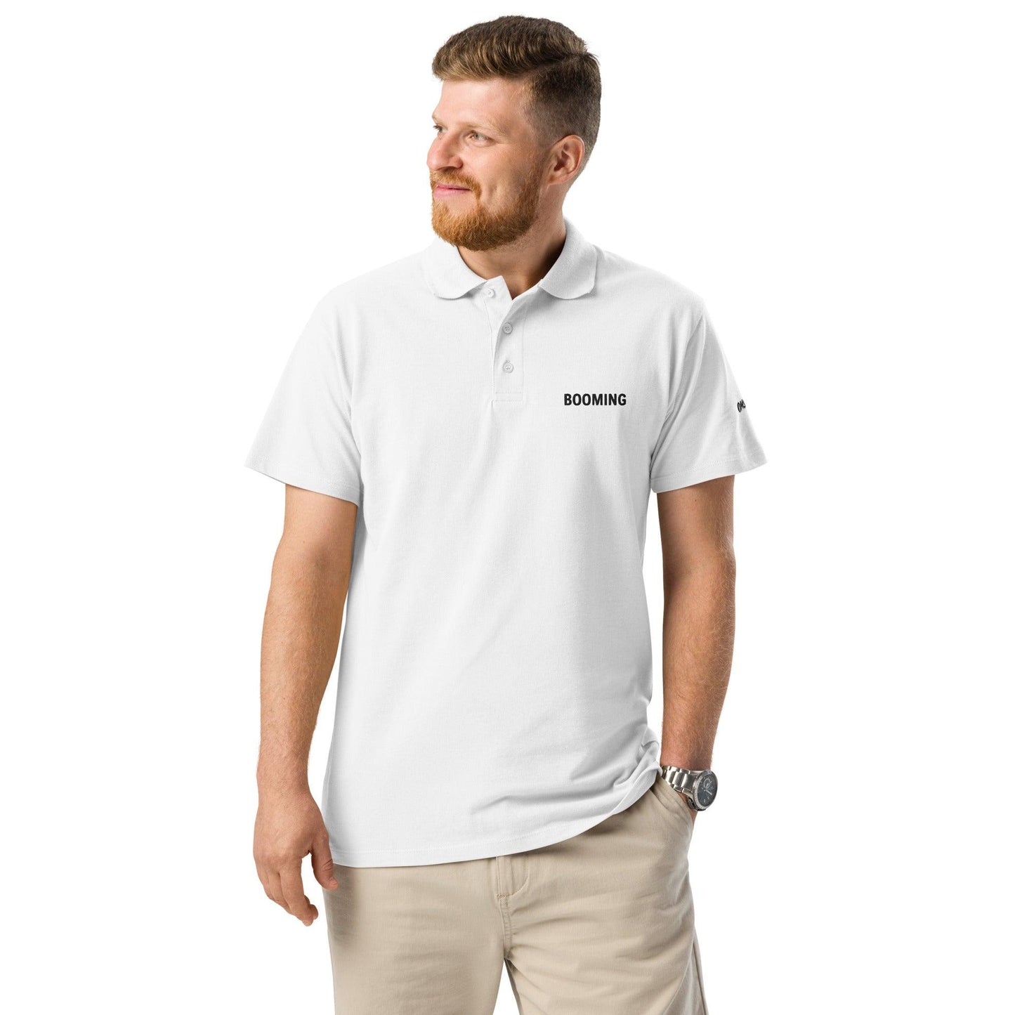 Premium pique polo shirt for men and women, featuring a classic design with a comfortable fit, ideal for casual or business casual wear, white front view - Omshway Store