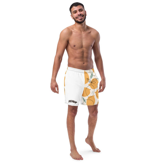 Omshway Recycled Swim Trunks made from eco-friendly materials, featuring a comfortable fit, stylish design, and quick-dry fabric for ultimate performance, white front view