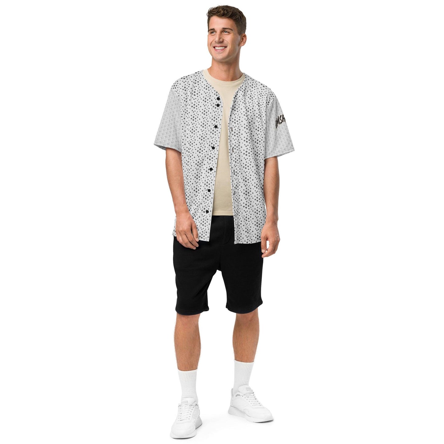 Omshway Recycled Baseball Jersey made from eco-friendly materials, featuring a classic baseball style with a comfortable, modern fit, male front view