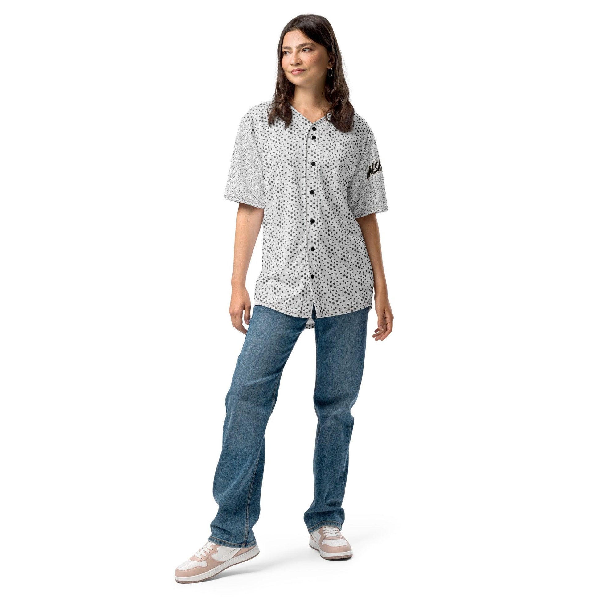 Omshway Recycled Baseball Jersey made from eco-friendly materials, featuring a classic baseball style with a comfortable, modern fit, female front view