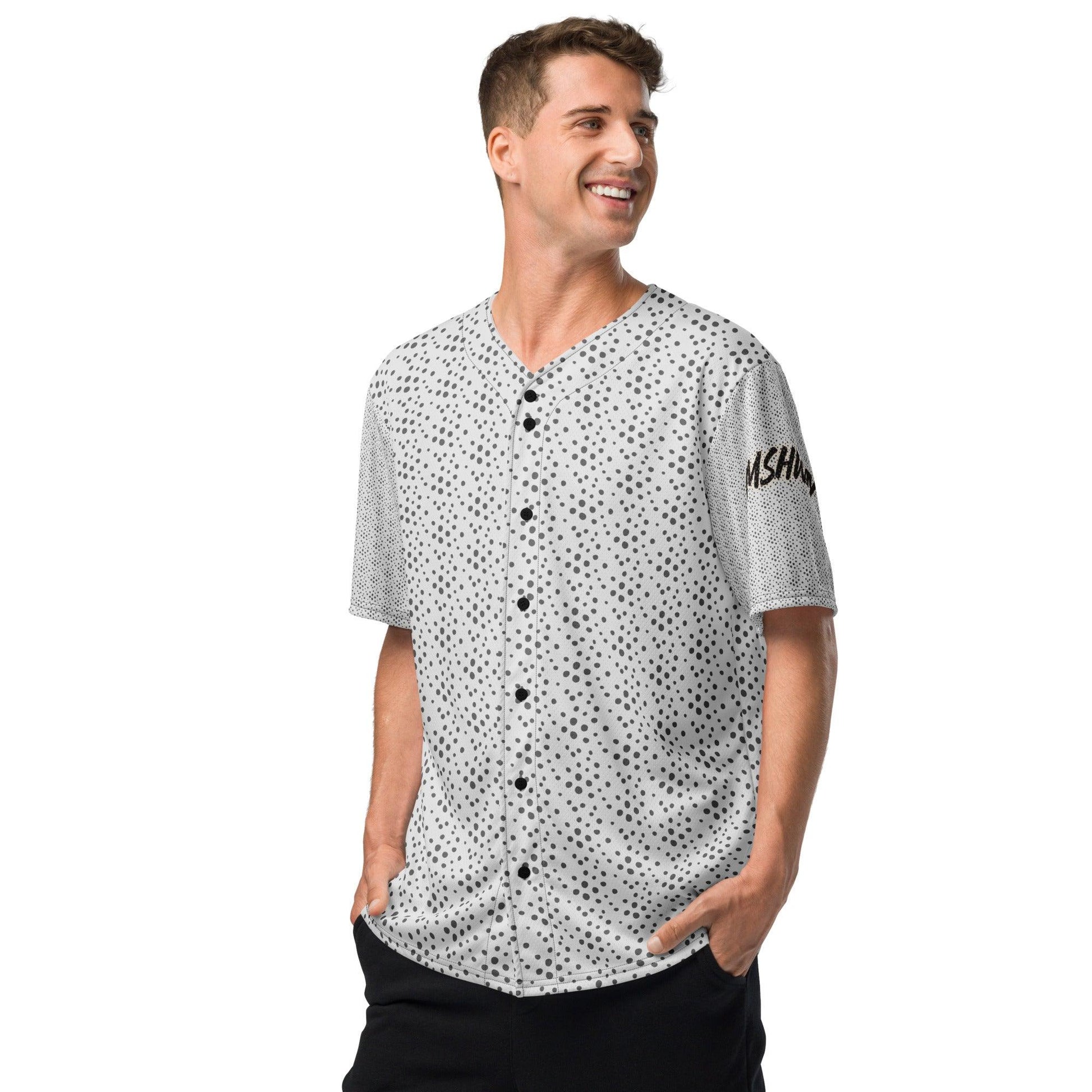 Omshway Recycled Baseball Jersey made from eco-friendly materials, featuring a classic baseball style with a comfortable, modern fit, male left front view