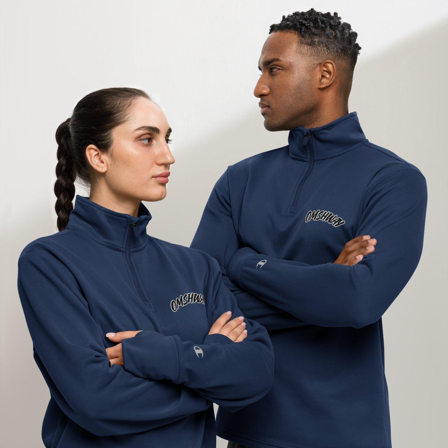 Omshway Quarter Zip Pullover featuring an embroidered Omshway logo on the chest, with a sleek, comfortable design and a high-quality zipper, navy front view