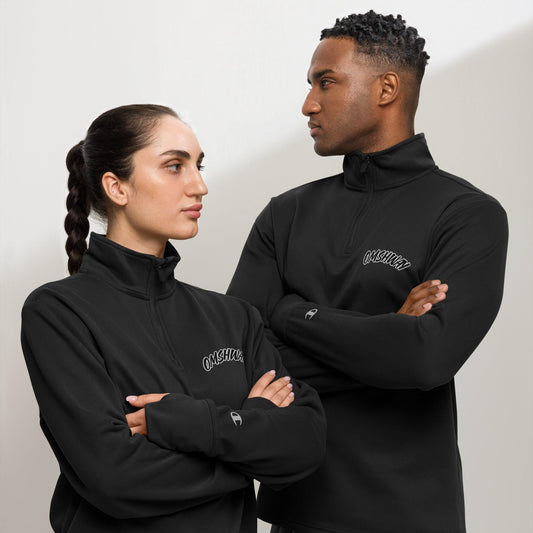 Omshway Quarter Zip Pullover featuring an embroidered Omshway logo on the chest, with a sleek, comfortable design and a high-quality zipper, black front view