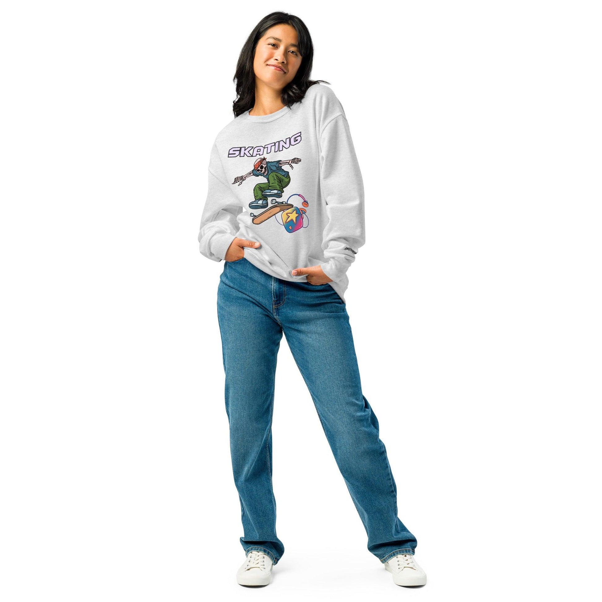 Omshway Crew Neck Sweatshirt featuring a bold skating design on the front, crafted for comfort and style, perfect for casual wear and skate enthusiasts, ash front view