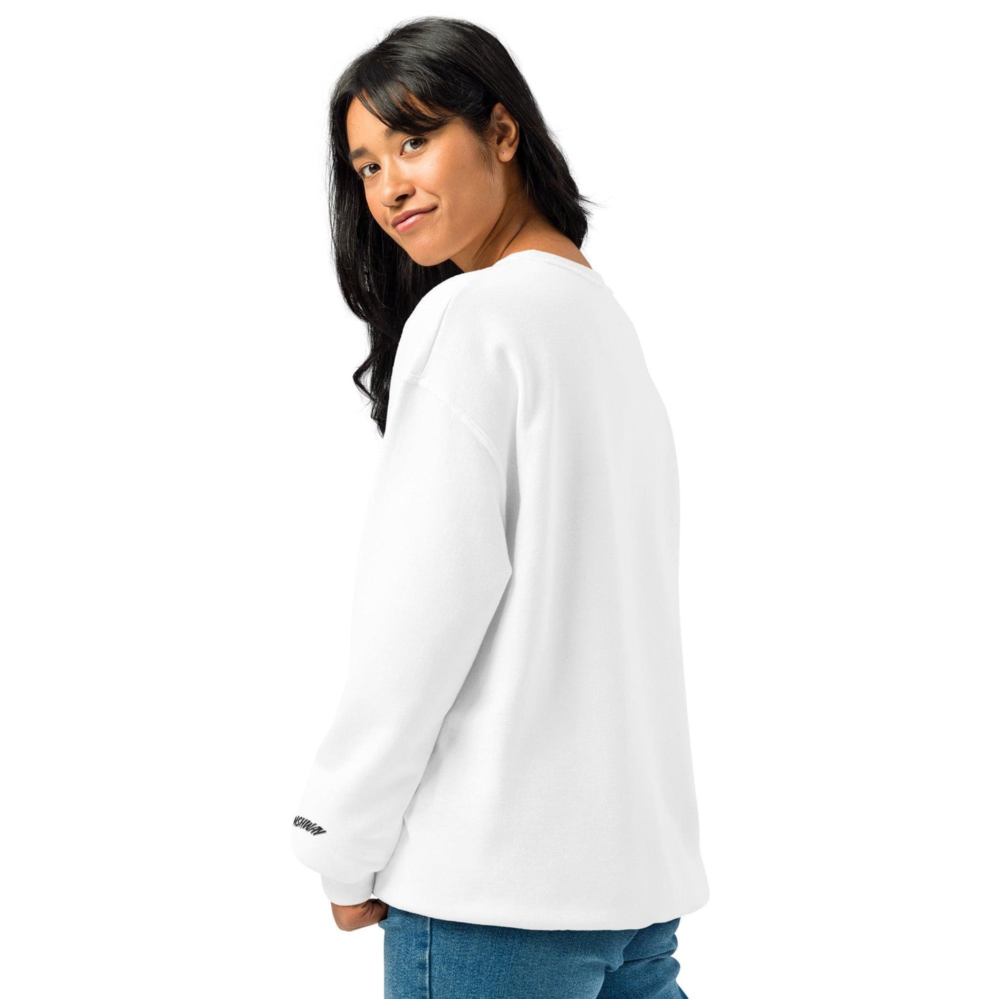 Omshway Crew Neck Sweatshirt featuring a bold skating design on the front, crafted for comfort and style, perfect for casual wear and skate enthusiasts, white back view