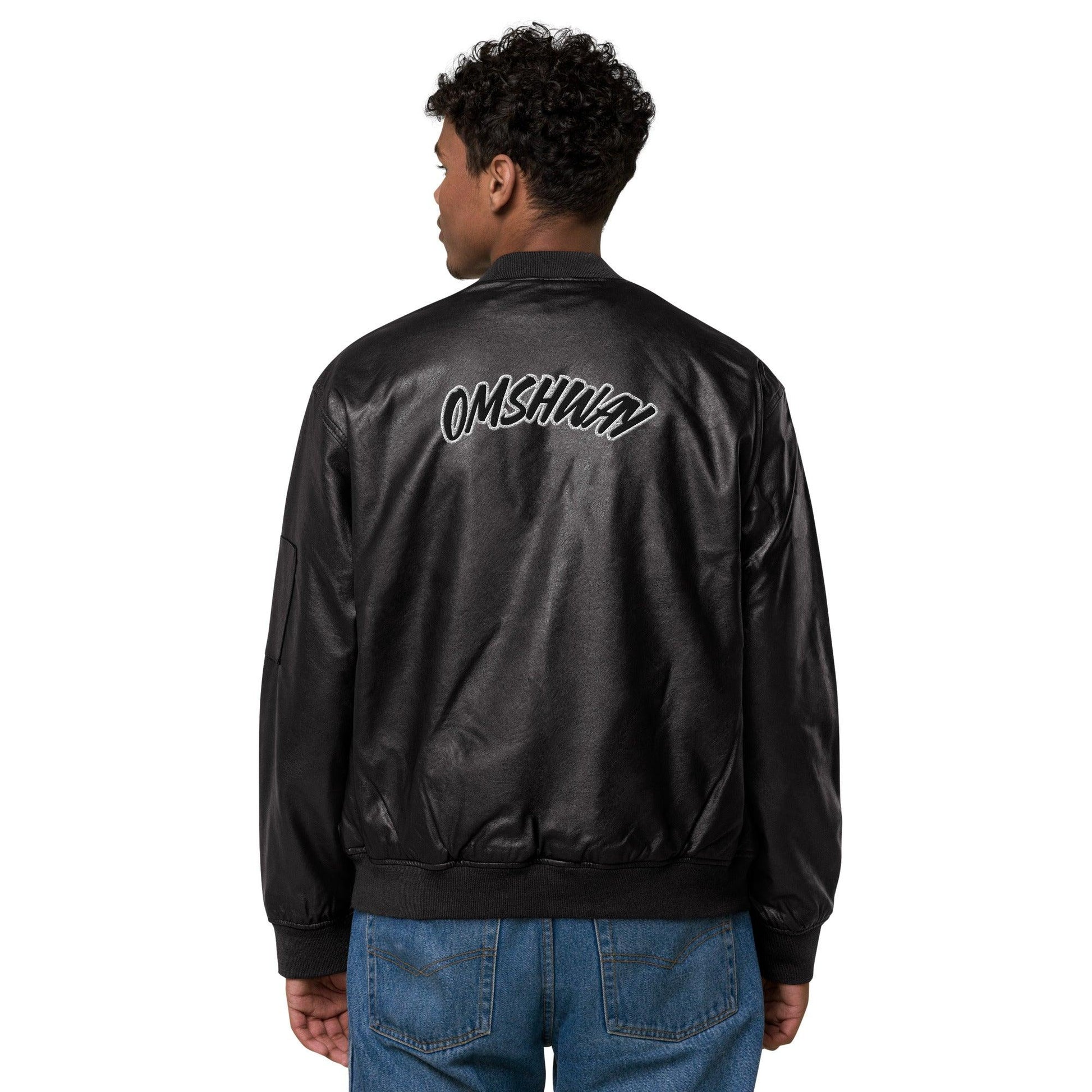 Omshway Embroidered Leather Bomber Jacket featuring intricate embroidery, a sleek leather design, and a stylish, comfortable fit for a bold and premium look, black back view