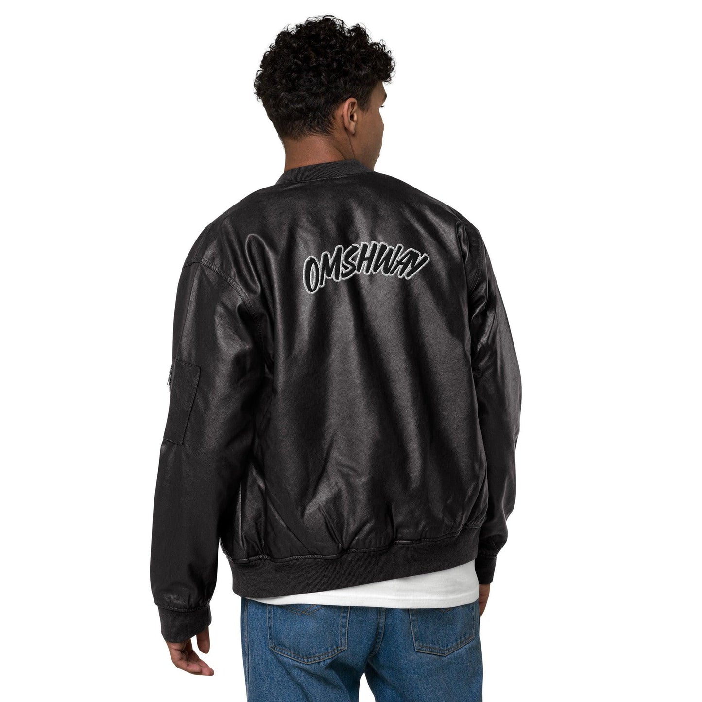 Omshway Embroidered Leather Bomber Jacket featuring intricate embroidery, a sleek leather design, and a stylish, comfortable fit for a bold and premium look, black side back view