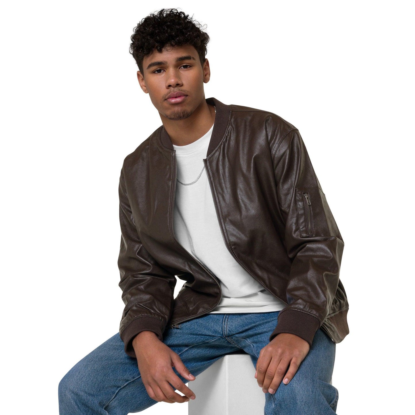 Omshway Embroidered Leather Bomber Jacket featuring intricate embroidery, a sleek leather design, and a stylish, comfortable fit for a bold and premium look, brown front zip off