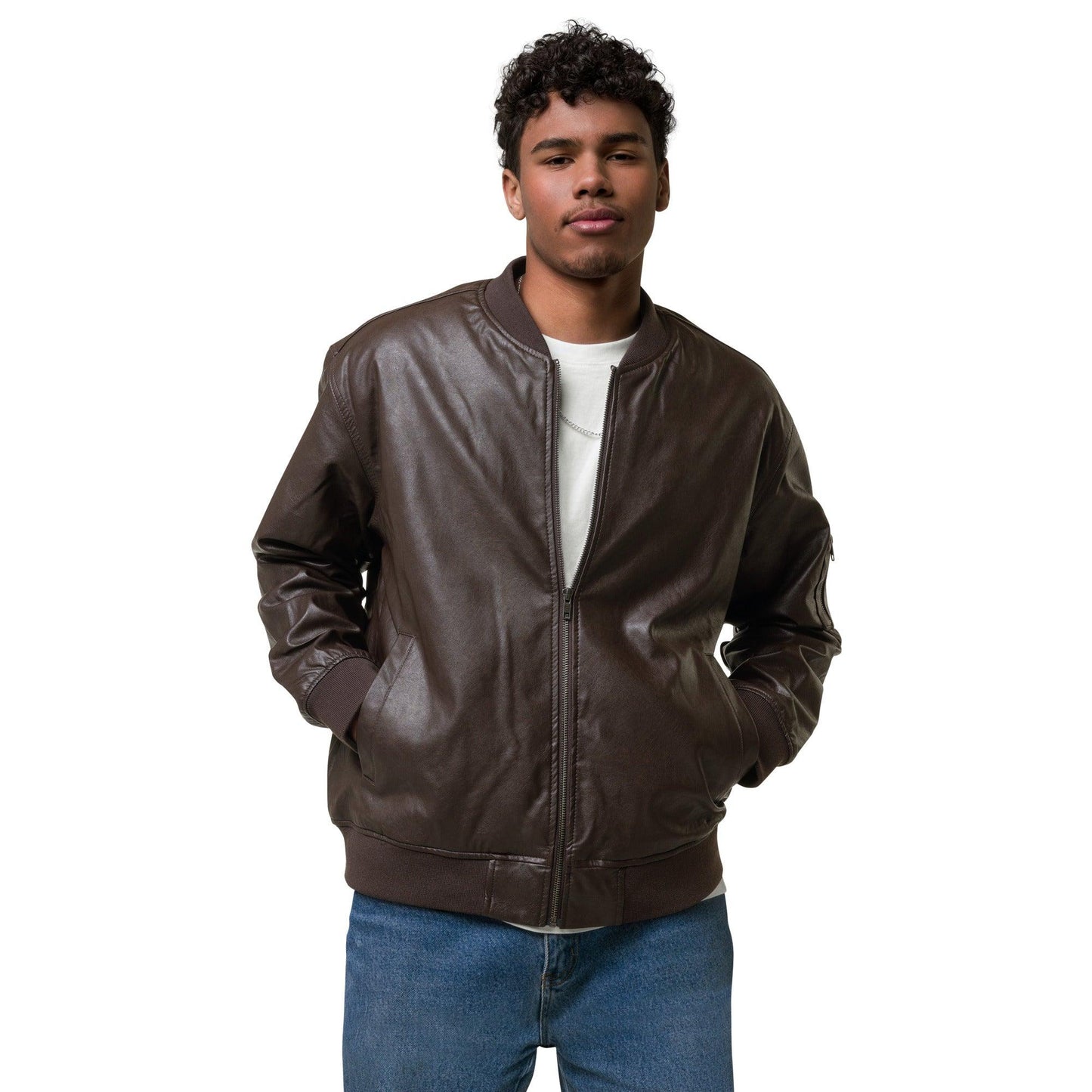 Omshway Embroidered Leather Bomber Jacket featuring intricate embroidery, a sleek leather design, and a stylish, comfortable fit for a bold and premium look, brown front view