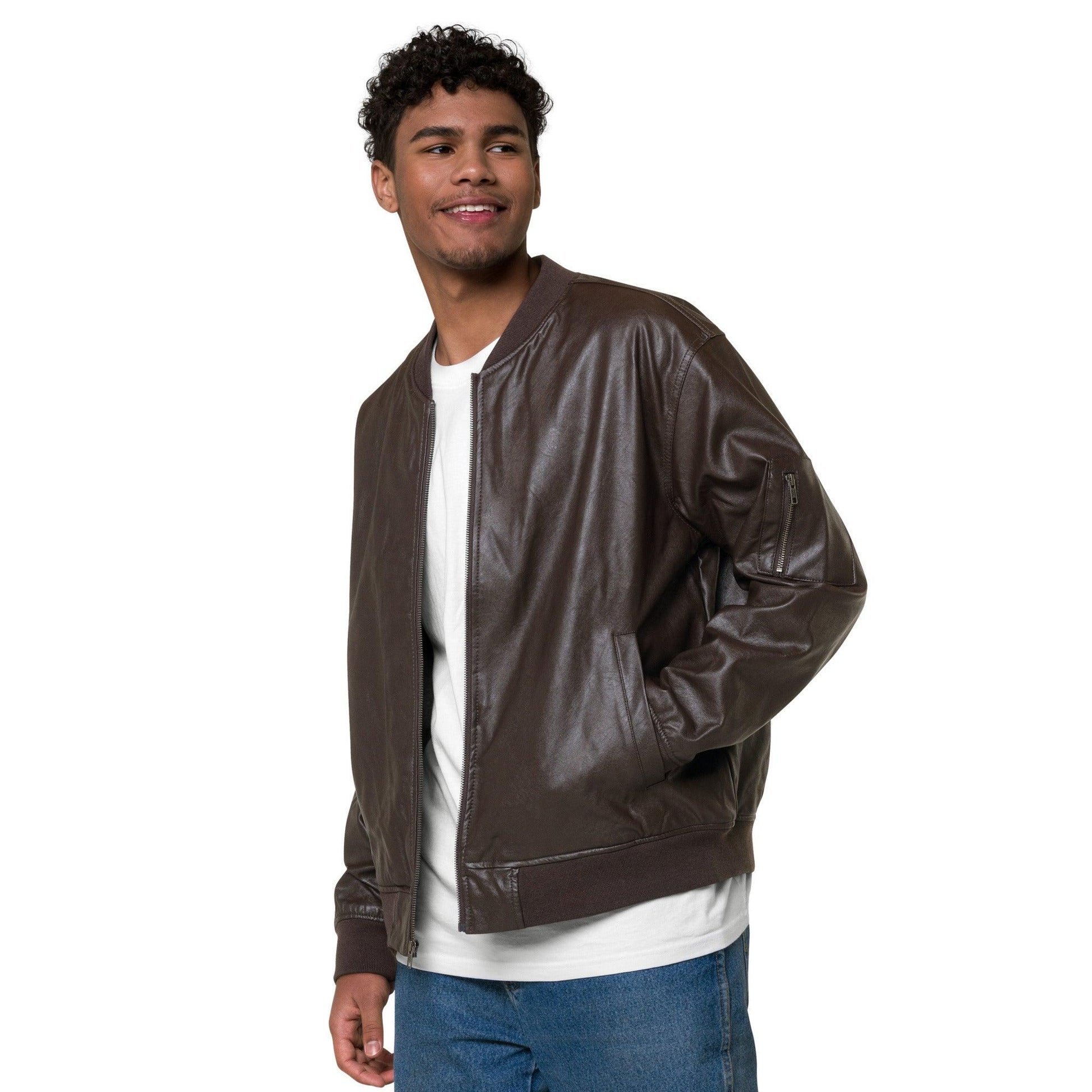 Omshway Embroidered Leather Bomber Jacket featuring intricate embroidery, a sleek leather design, and a stylish, comfortable fit for a bold and premium look, brown left front view