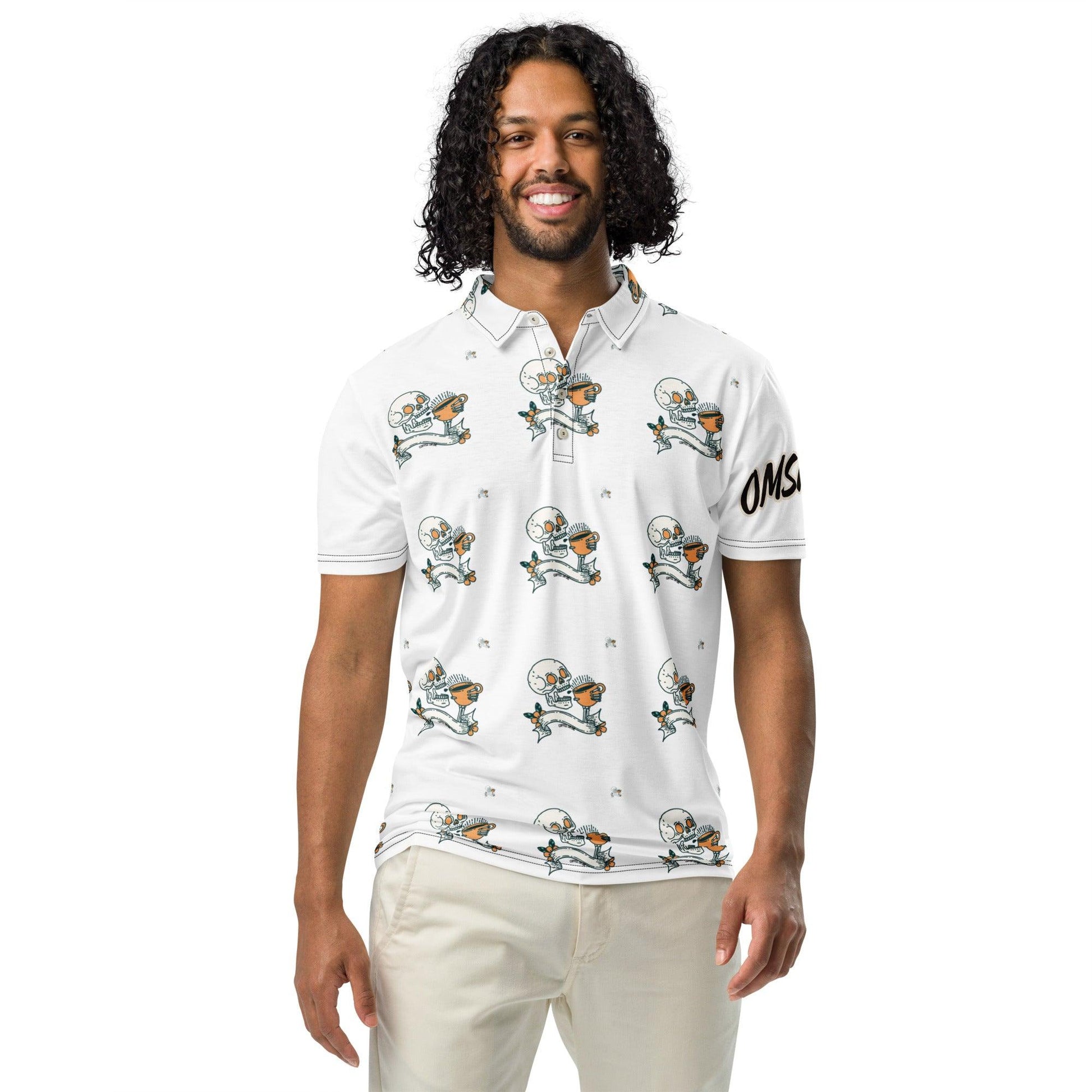 Omshway Coffee Skull Men’s Slim Fit Polo with a stylish skull graphic, offering a sleek, modern fit and comfortable design for a bold, casual look, front view