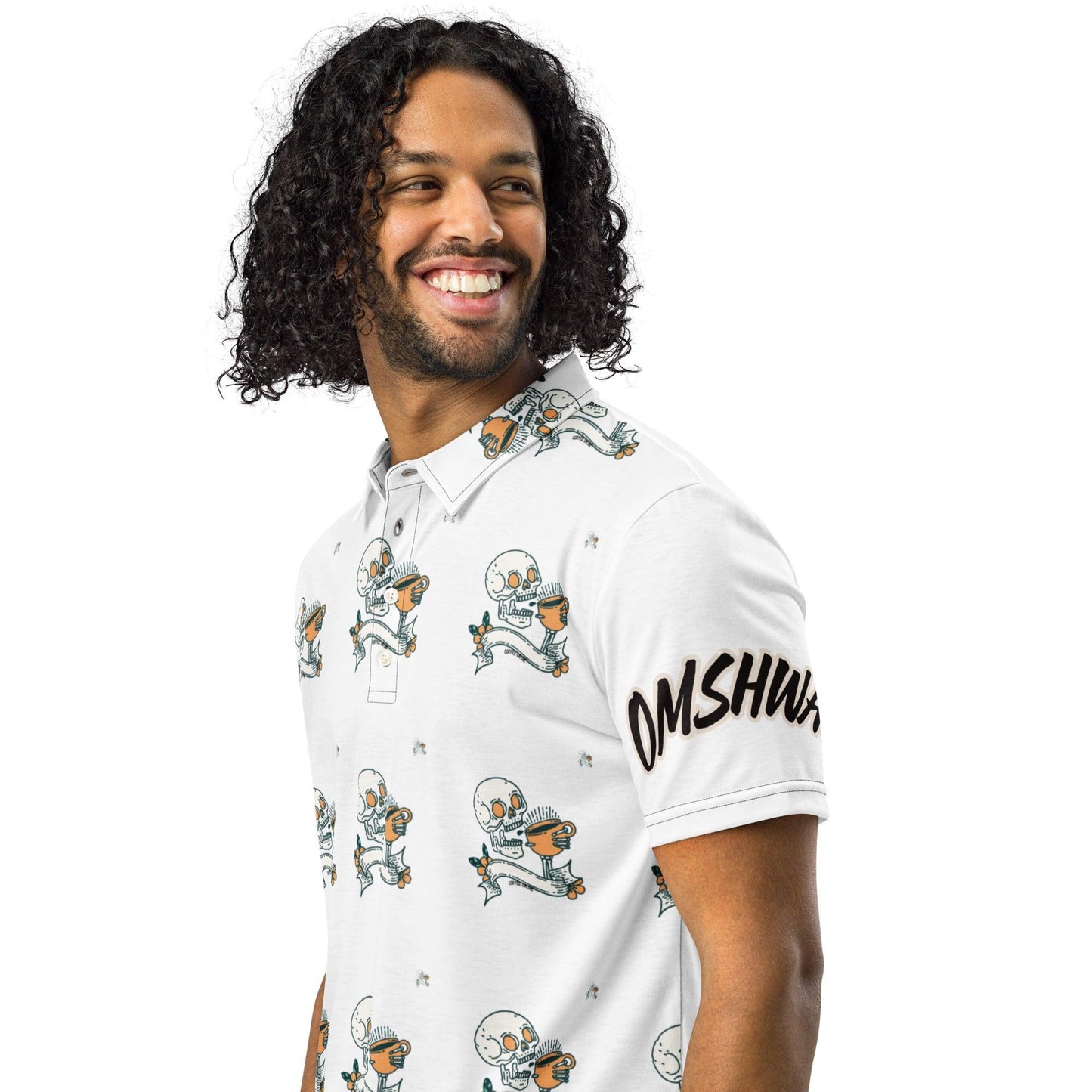 Omshway Coffee Skull Men’s Slim Fit Polo with a stylish skull graphic, offering a sleek, modern fit and comfortable design for a bold, casual look, left front view