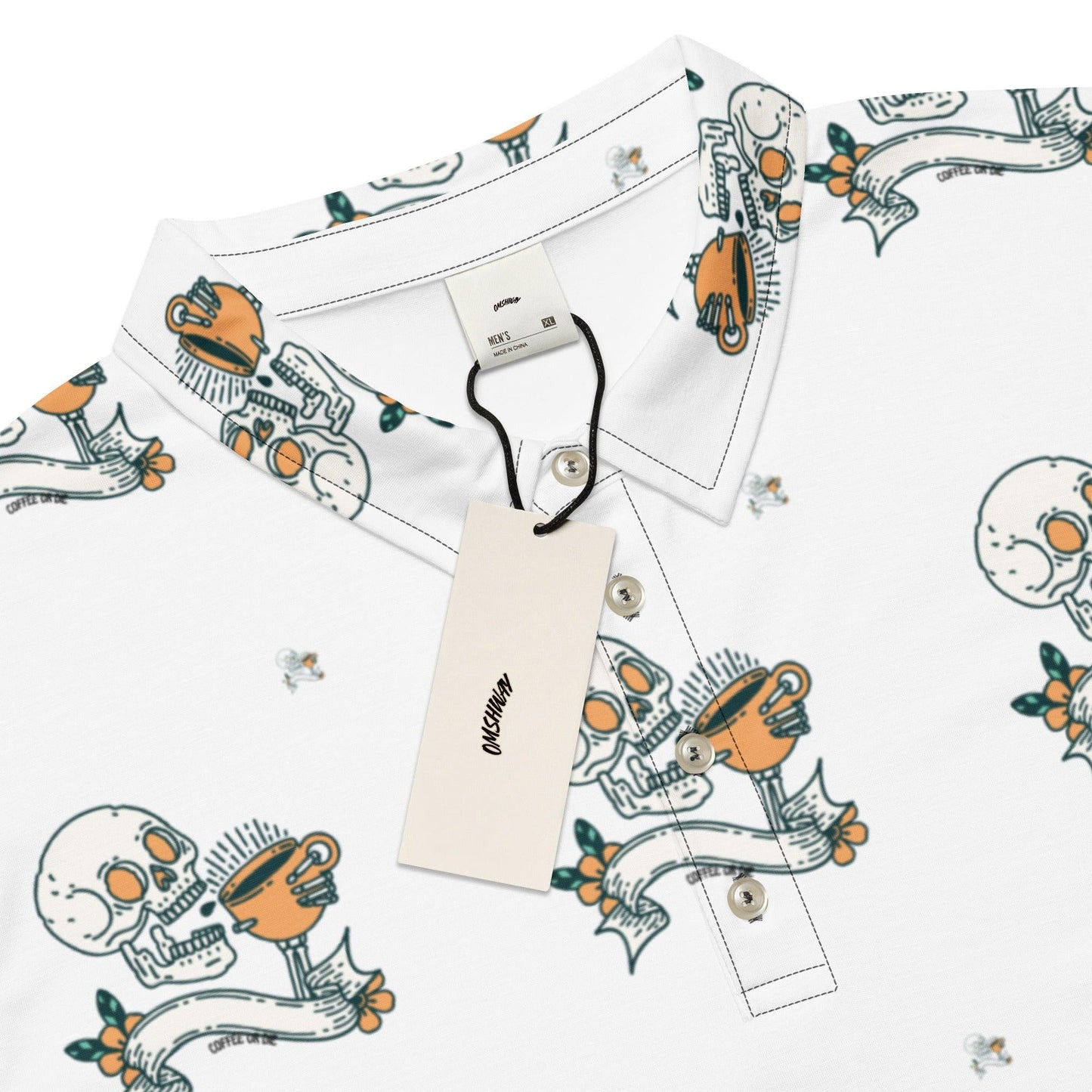 Omshway Coffee Skull Men’s Slim Fit Polo with a stylish skull graphic, offering a sleek, modern fit and comfortable design for a bold, casual look, product details