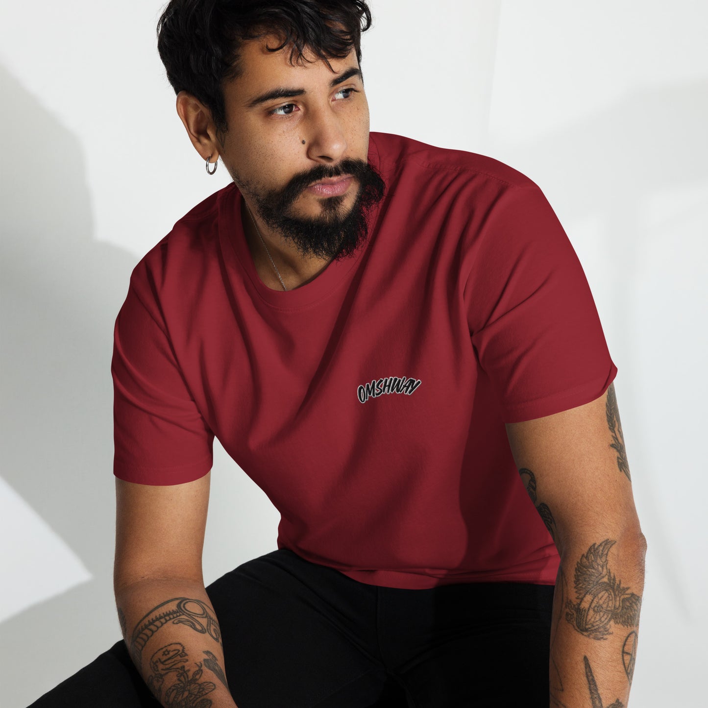 Omshway 2025 Men’s Premium Heavyweight Tee, designed for comfort and durability, featuring a sleek, modern fit in high-quality fabric brick red front