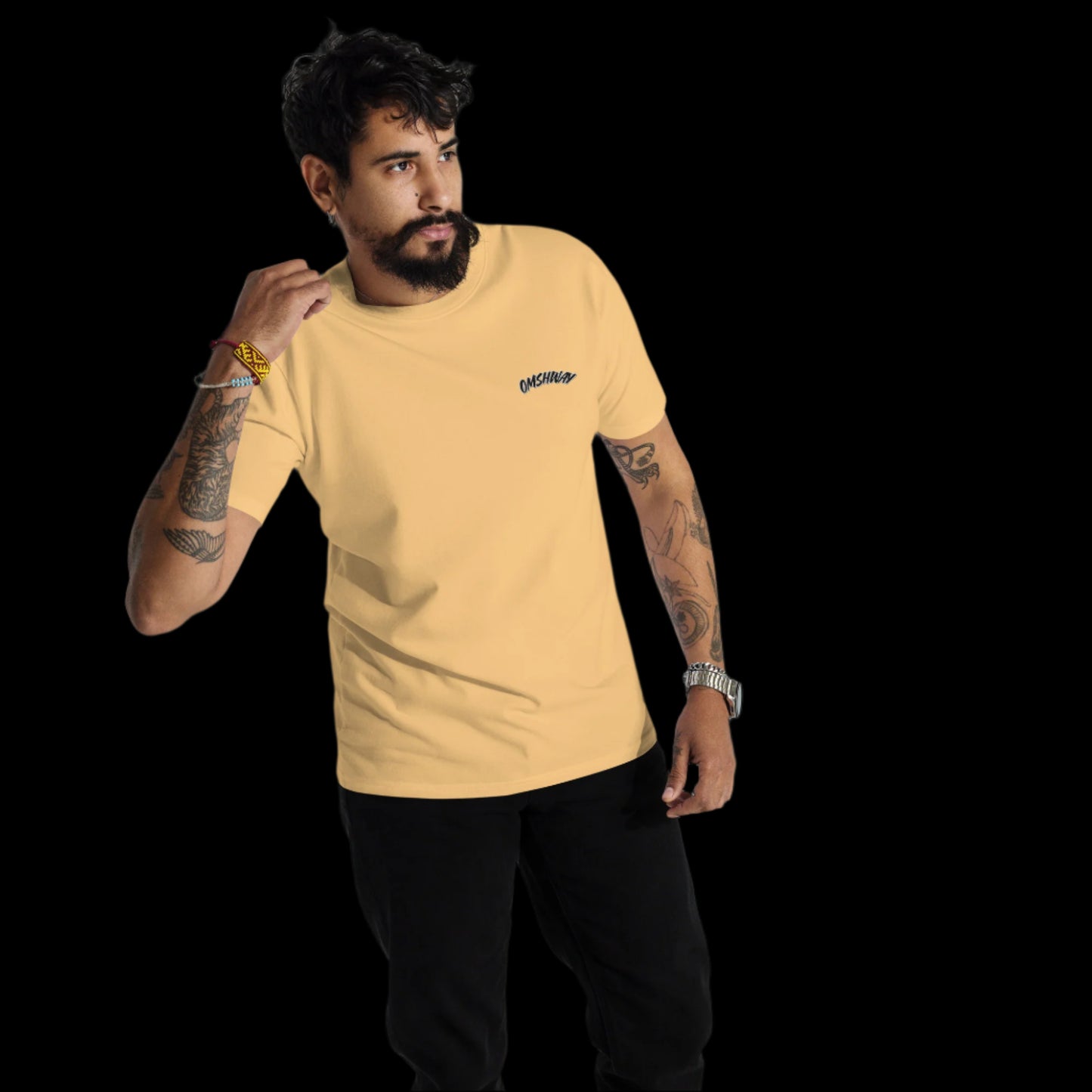 Omshway 2025 Men’s Premium Heavyweight Tee, designed for comfort and durability, featuring a sleek, modern fit in high-quality fabric vintage gold front