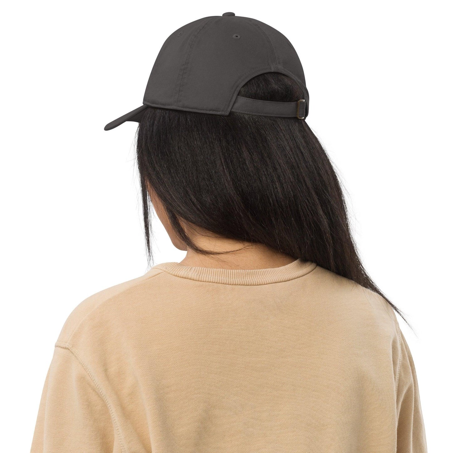 Omshway Organic Dad Hat from eco-friendly materials, featuring a comfortable fit and simple design, perfect for casual, everyday wear. charcoal back view