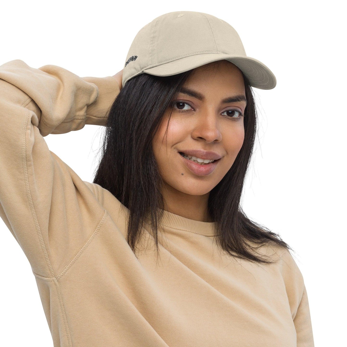 Omshway Organic Dad Hat from eco-friendly materials, featuring a comfortable fit and simple design, perfect for casual, everyday wear. oyster front view