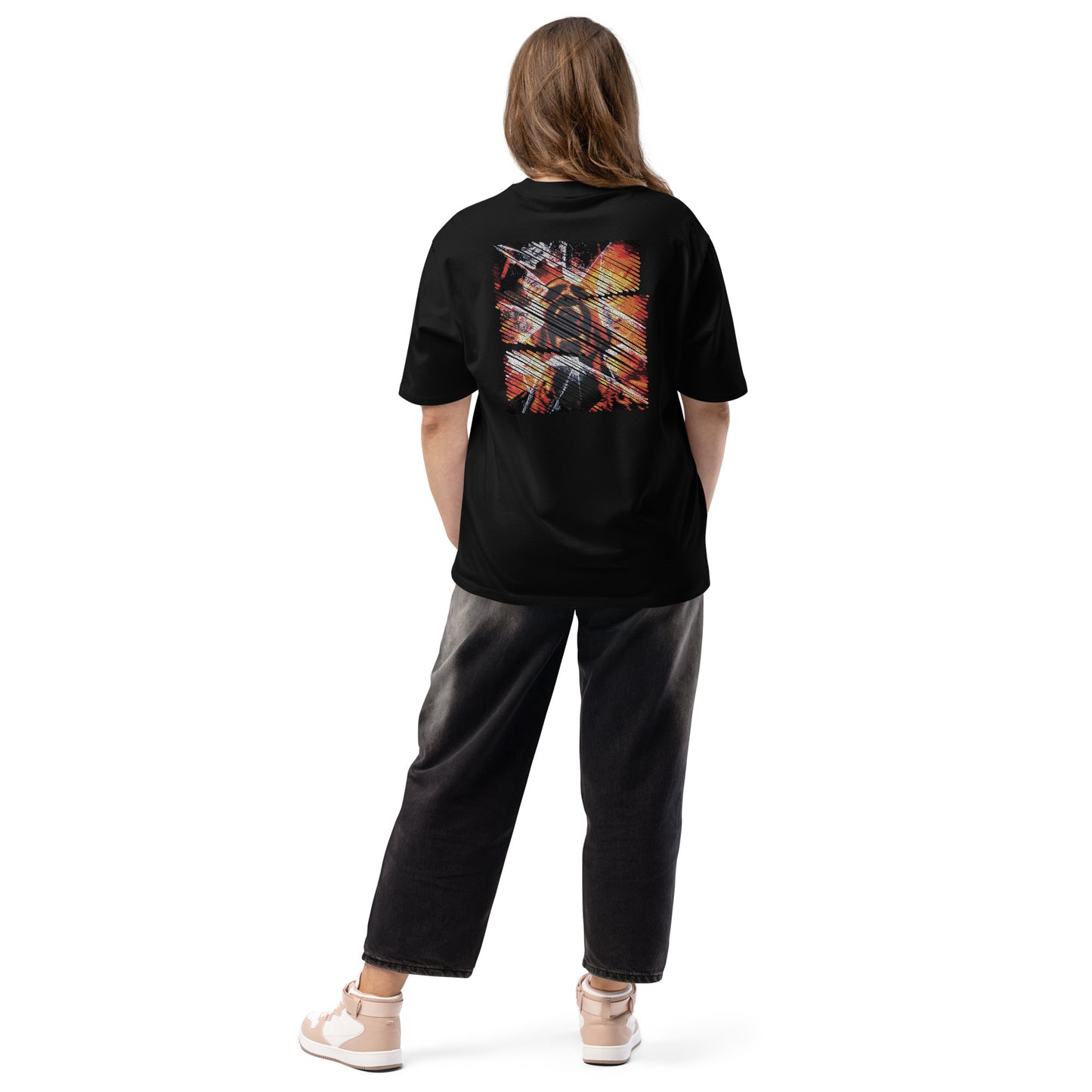 OMSHWAY oversized heavyweight T-shirt featuring a bold design and relaxed fit, perfect for a comfortable and stylish casual look for both men and women, black back view