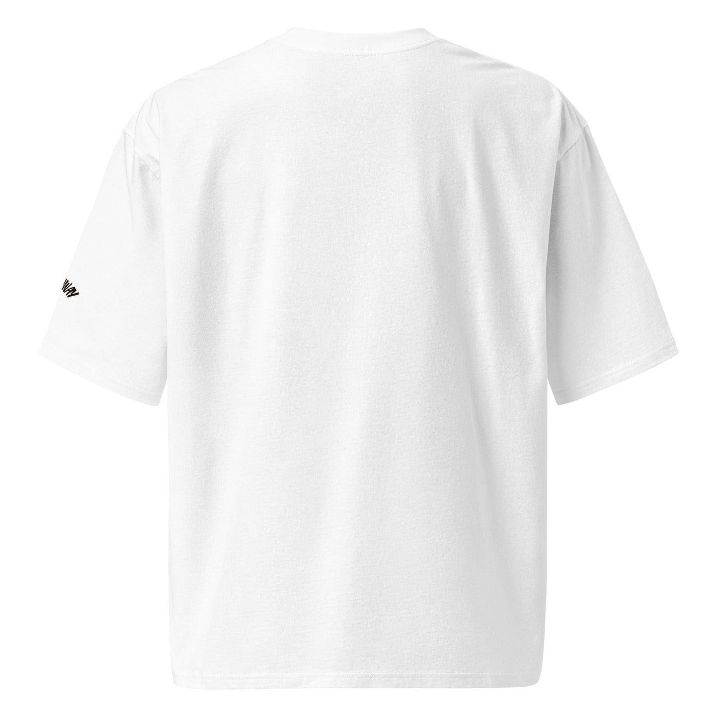 Omshway 2025 Oversized Heavyweight T-shirt, offering a bold, relaxed fit with durable fabric for a comfortable, stylish look white back