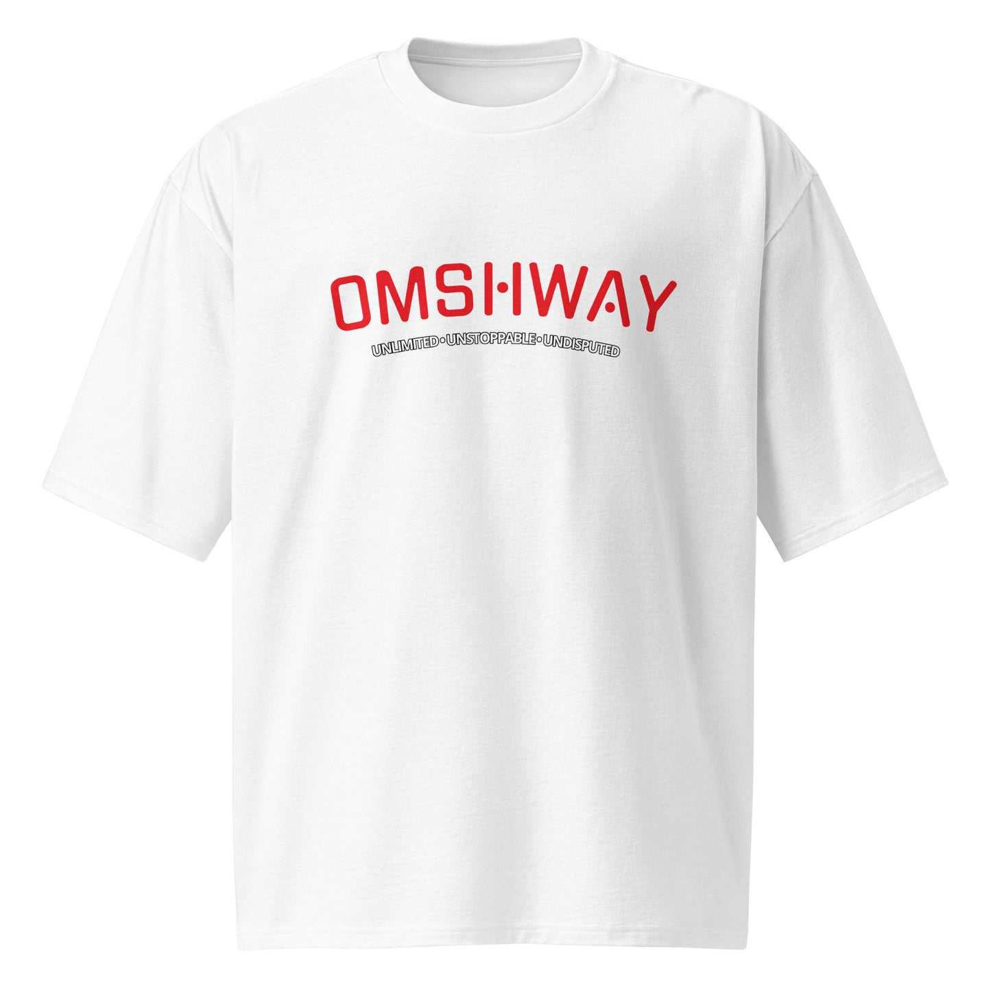 OMSHWAY oversized heavyweight T-shirt featuring a bold design and relaxed fit, perfect for a comfortable and stylish casual look for both men and women, white front view