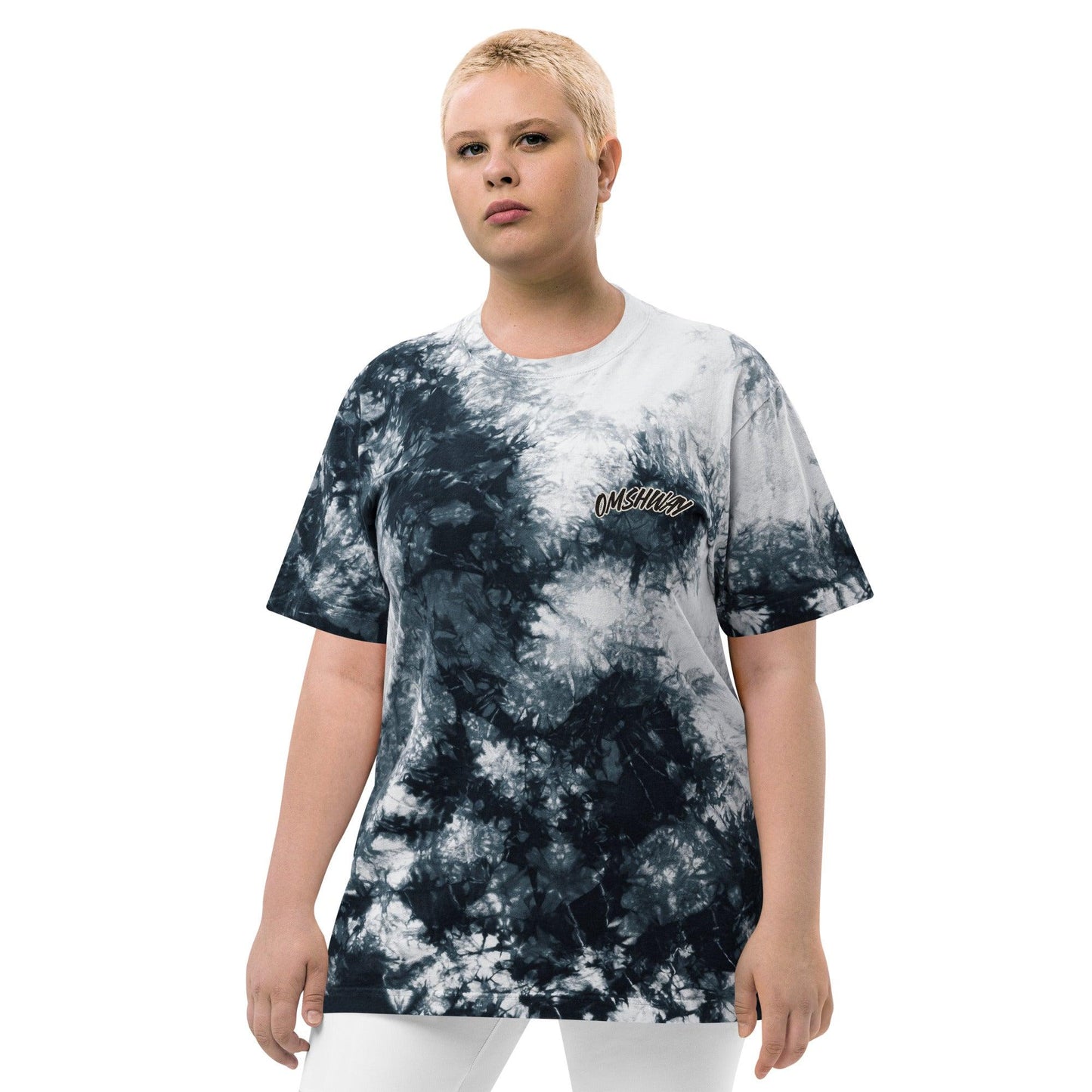 Omshway Oversized Tie-Dye T-shirt featuring a vibrant, eye-catching design with a relaxed fit, perfect for a stylish, casual look. black white front view