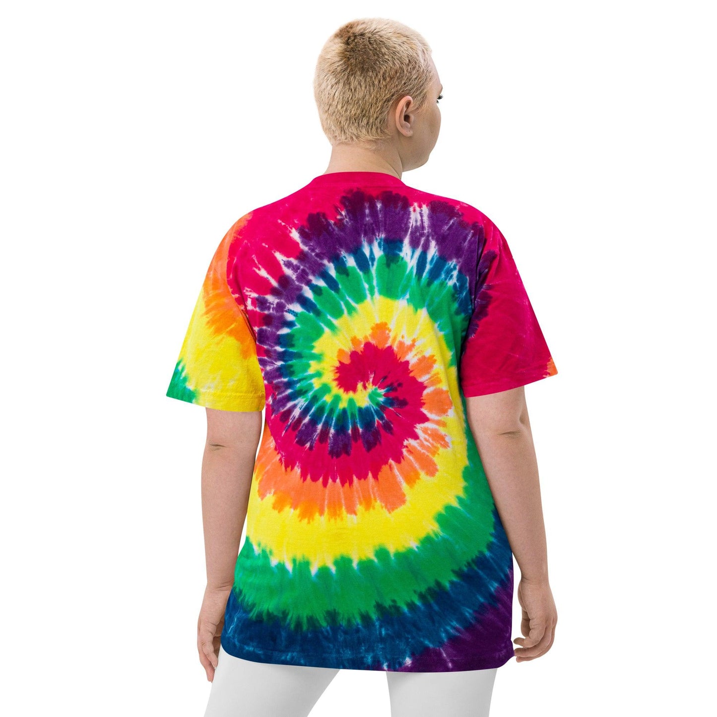 Omshway Oversized Tie-Dye T-shirt featuring a vibrant, eye-catching design with a relaxed fit, perfect for a stylish, casual look. classic rainbow back view