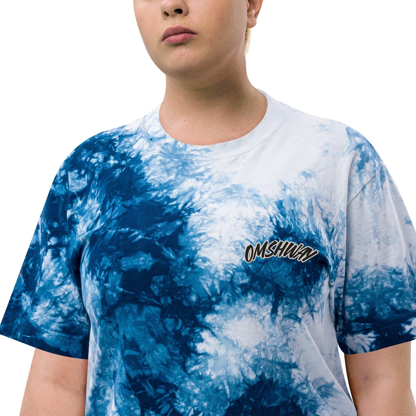 Omshway Oversized Tie-Dye T-shirt featuring a vibrant, eye-catching design with a relaxed fit, perfect for a stylish, casual look.white zoomed view