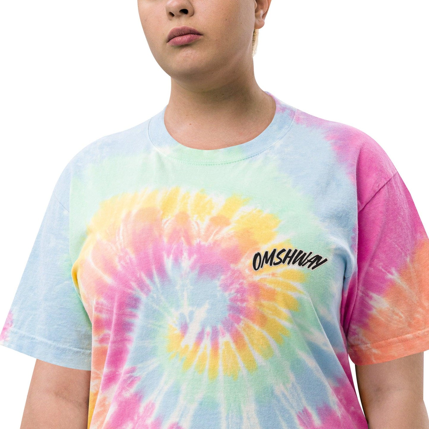 Omshway Oversized Tie-Dye T-shirt featuring a vibrant, eye-catching design with a relaxed fit, perfect for a stylish, casual look. sherbet rainbow zoomed view