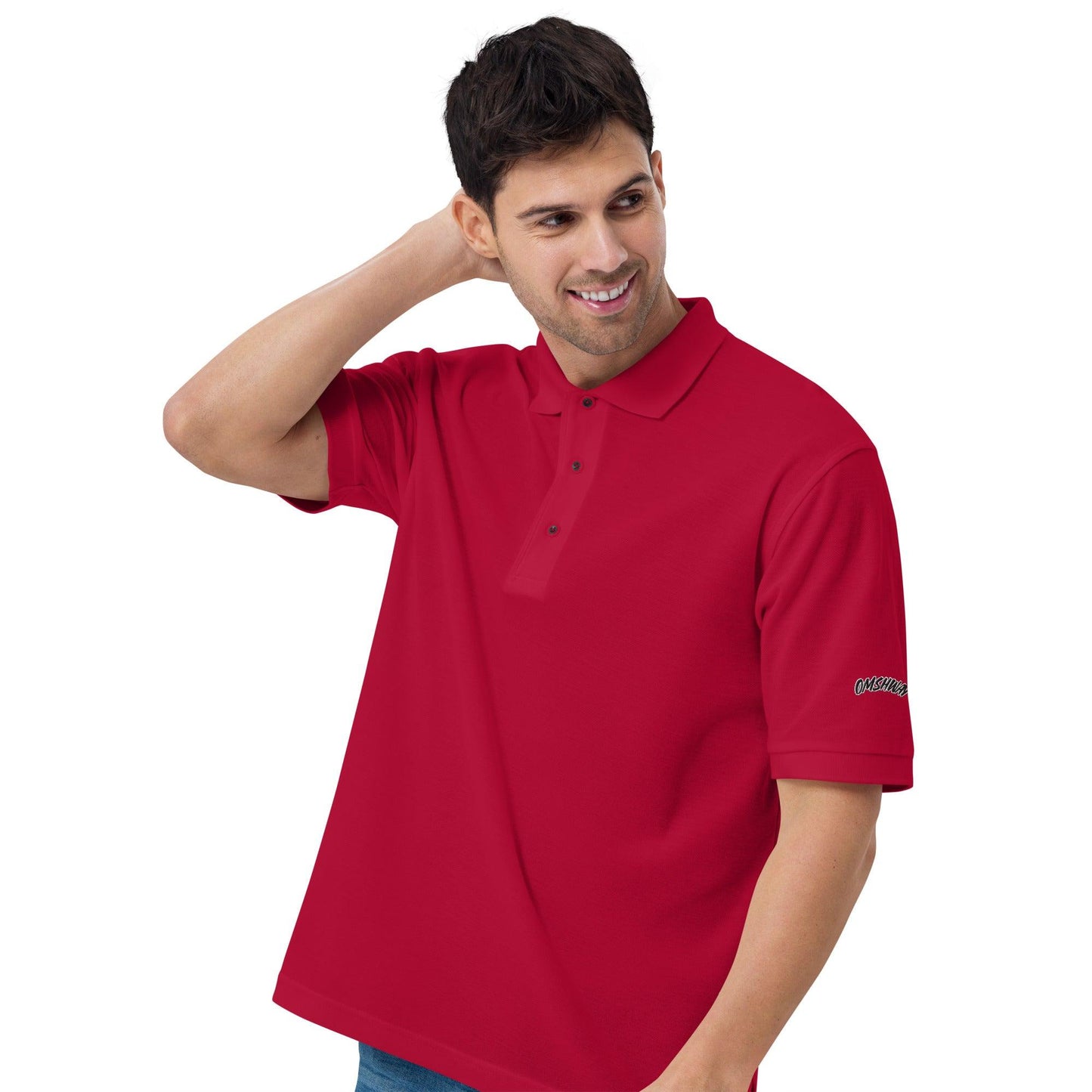 Omshway Men's Premium Polo featuring a sleek design, high-quality fabric, and a comfortable fit, perfect for both casual and semi-formal occasions. red left front view