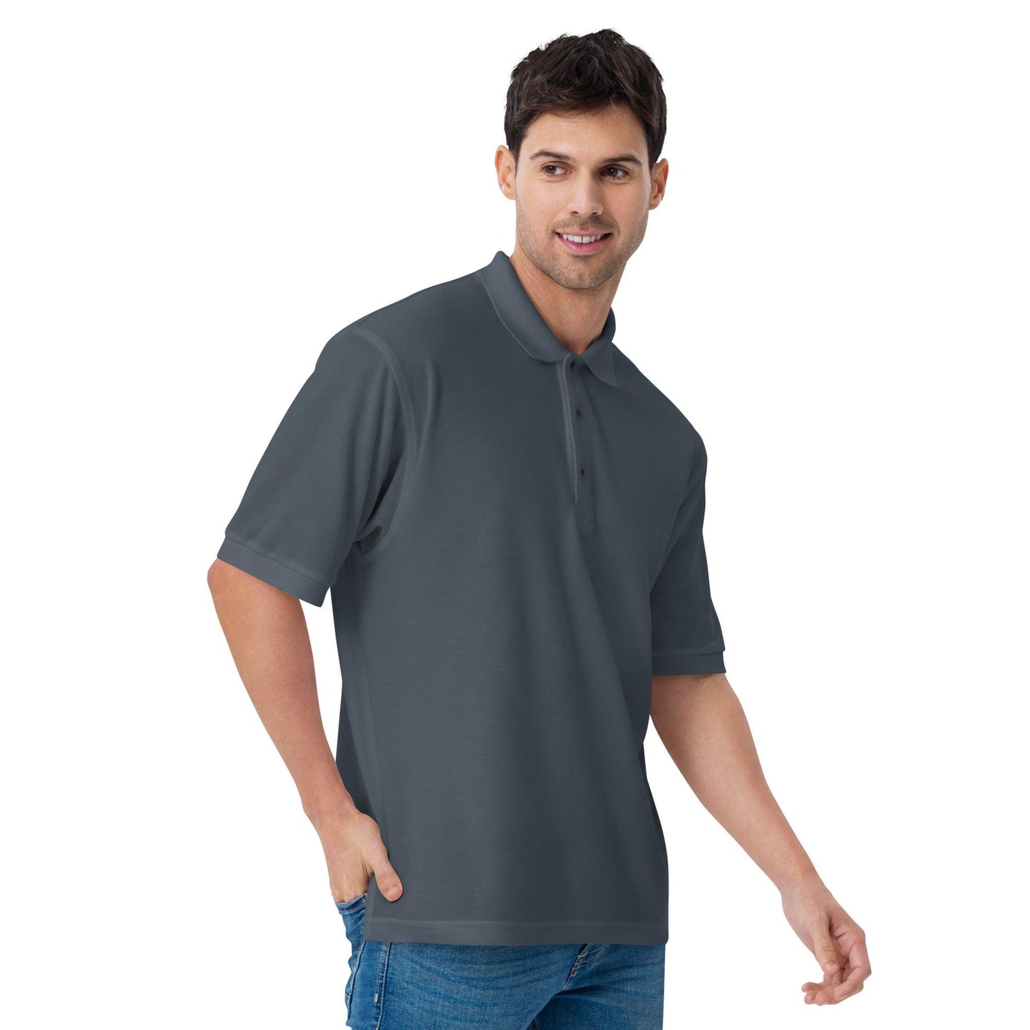 Omshway Men's Premium Polo featuring a sleek design, high-quality fabric, and a comfortable fit, perfect for both casual and semi-formal occasions. grey right front