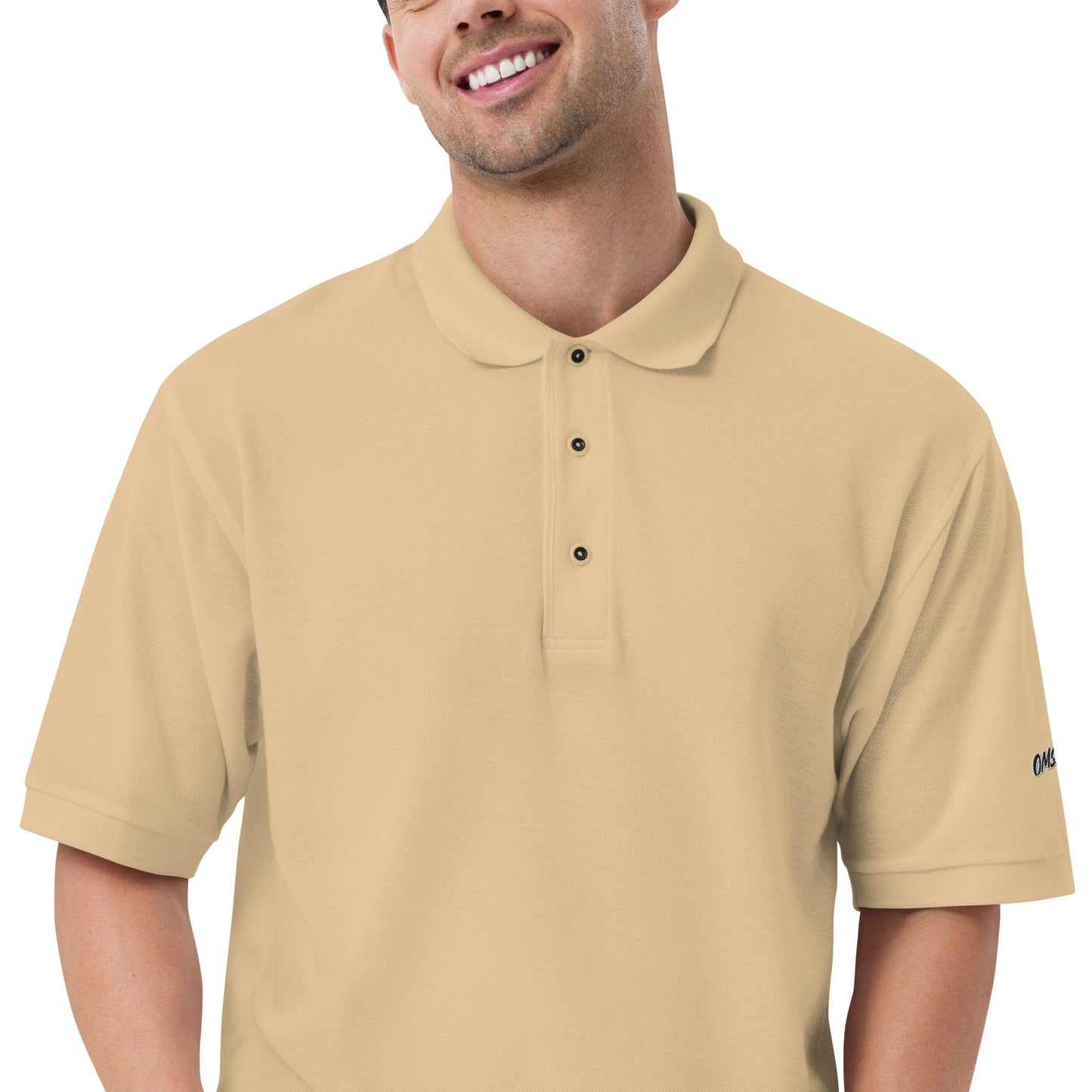 Omshway Men's Premium Polo featuring a sleek design, high-quality fabric, and a comfortable fit, perfect for both casual and semi-formal occasions. stone zoomed in view