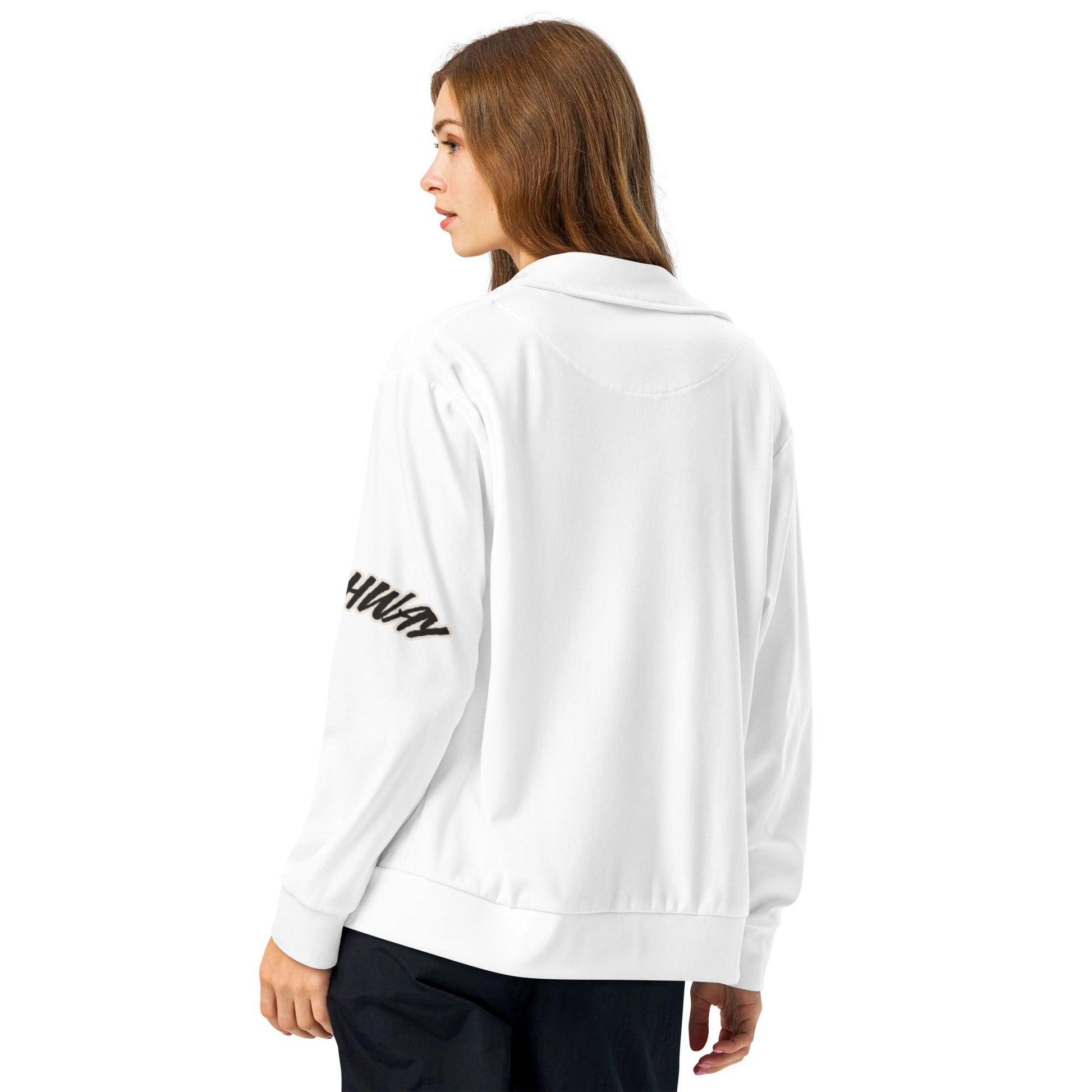 Omshway Unisex Track Jacket featuring a sleek design, full zipper, and comfortable fit, perfect for athletic wear or casual layering, white back view - Omshway Store