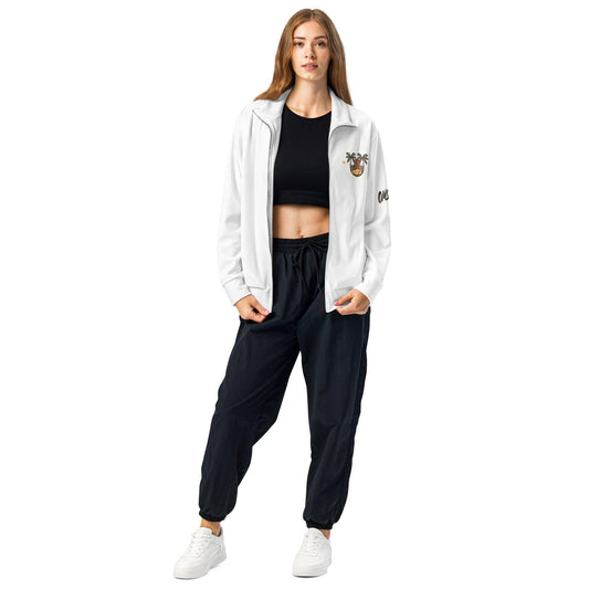 Omshway Unisex Track Jacket featuring a sleek design, full zipper, and comfortable fit, perfect for athletic wear or casual layering, white front view - Omshway Store