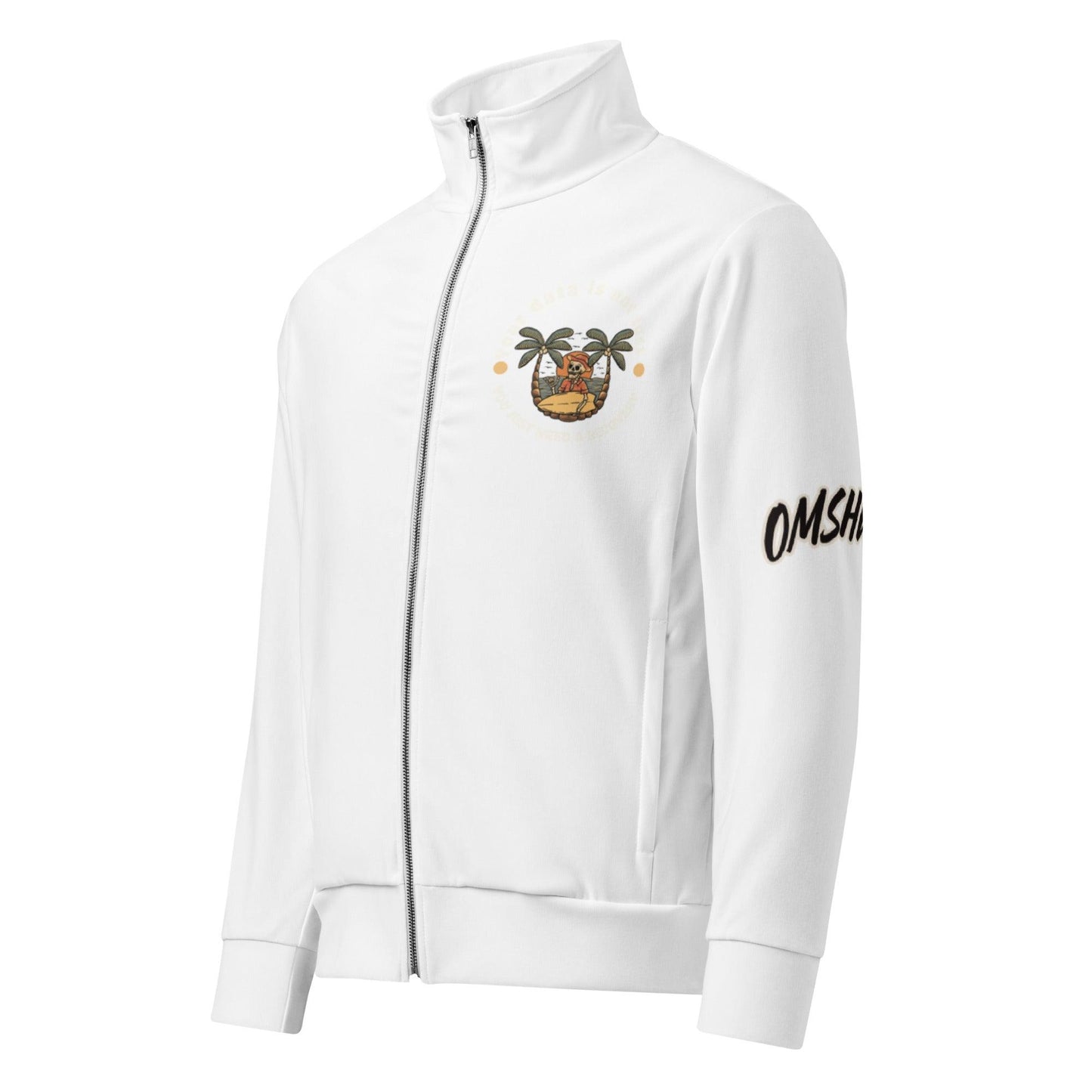 Omshway Unisex Track Jacket featuring a sleek design, full zipper, and comfortable fit, perfect for athletic wear or casual layering white left front - Omshway Store