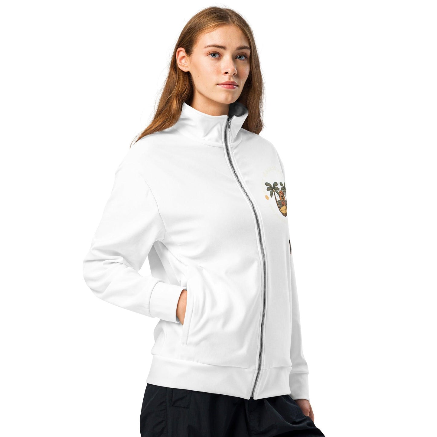 Omshway Unisex Track Jacket featuring a sleek design, full zipper, and comfortable fit, perfect for athletic wear or casual layering, white right front view - Omshway Store