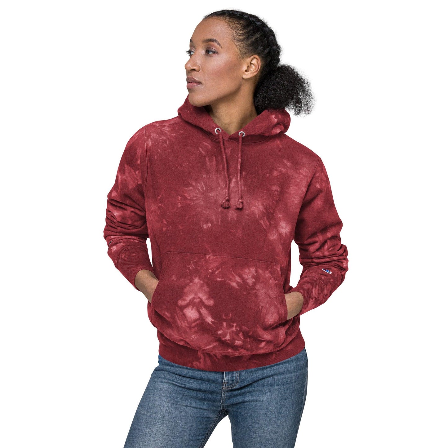 Omshway Unisex Champion Tie-Dye Hoodie featuring vibrant tie-dye patterns, a cozy fit, adjustable hood, and front pocket for casual style mulled berry front view - Omshway Store