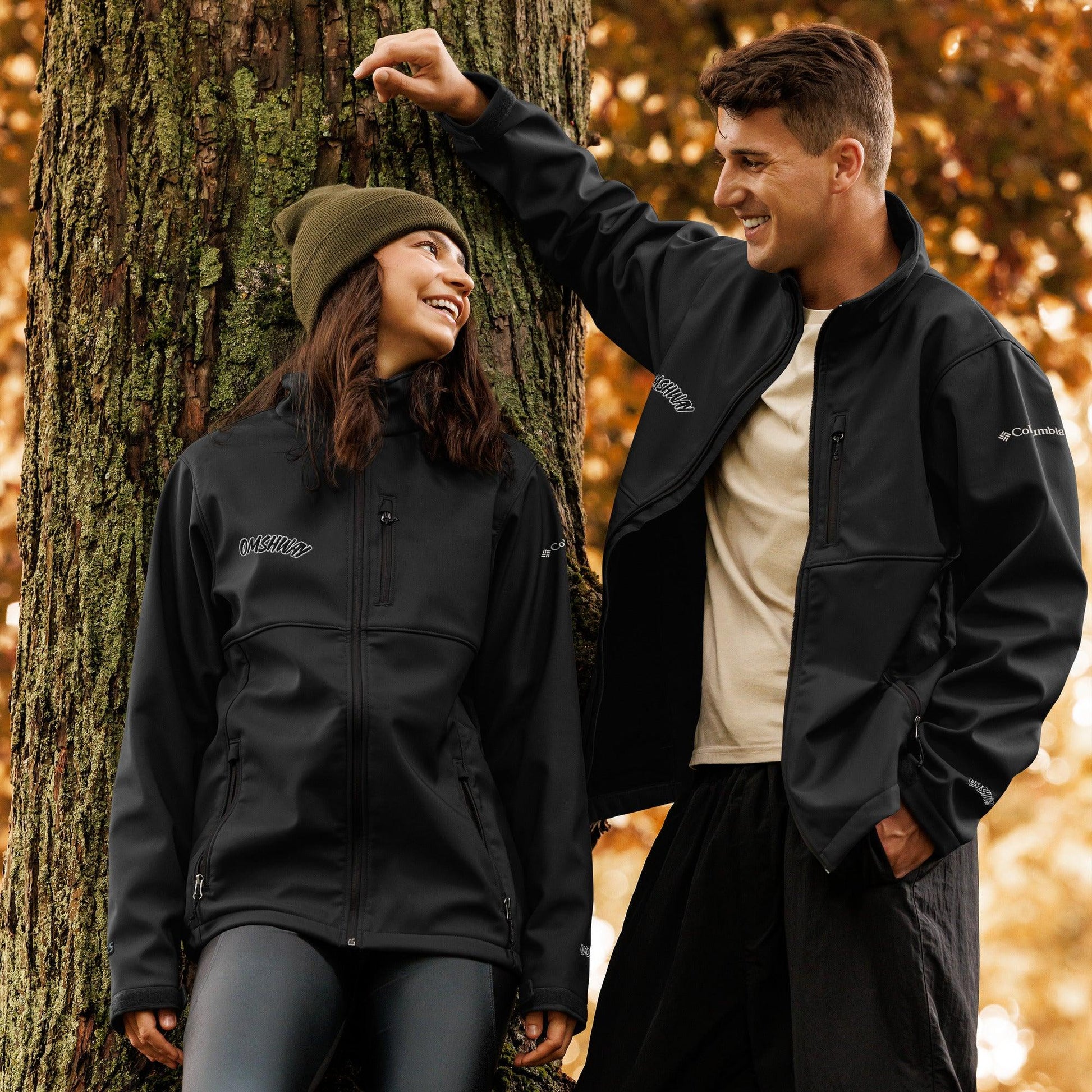 Omshway Columbia Soft Shell Jacket featuring a sleek design, water-resistant fabric, and a comfortable fit, perfect for outdoor activities and casual wear, black front view