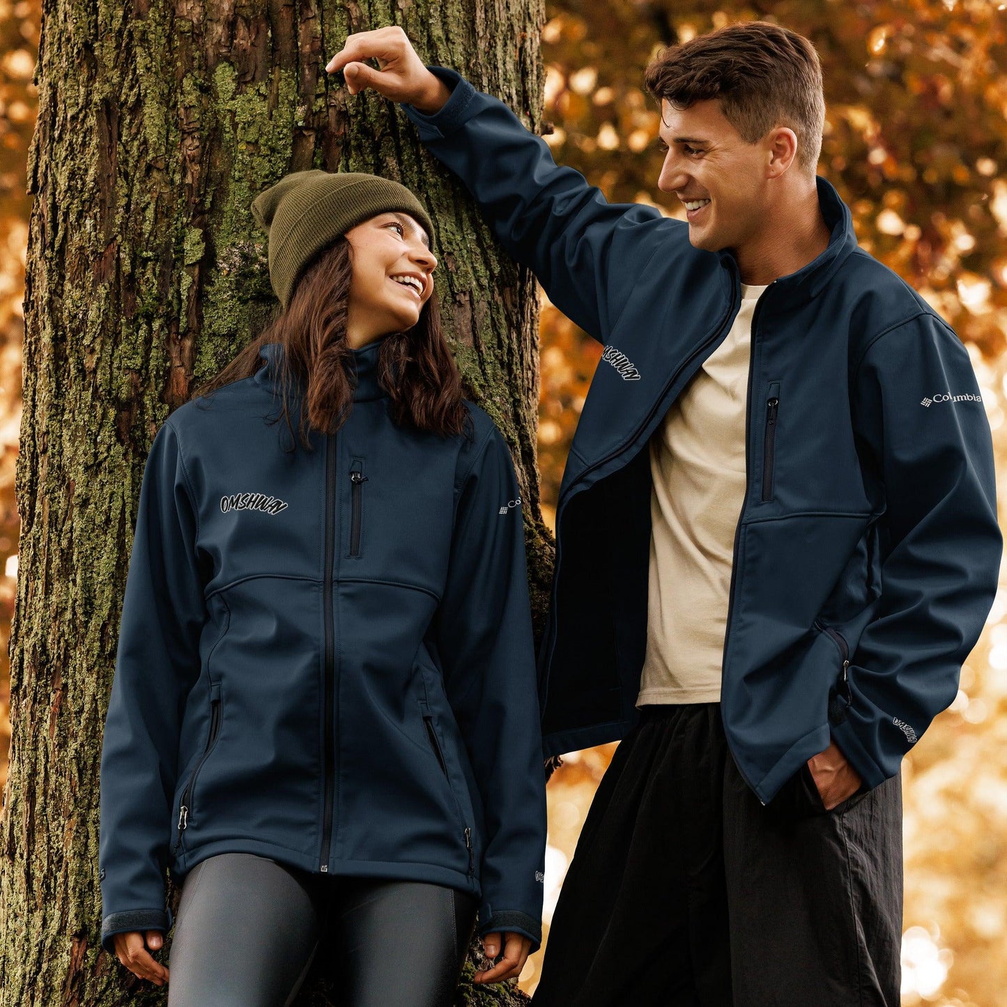 Omshway Columbia Soft Shell Jacket featuring a sleek design, water-resistant fabric, and a comfortable fit, perfect for outdoor activities and casual wear, navy blue front view