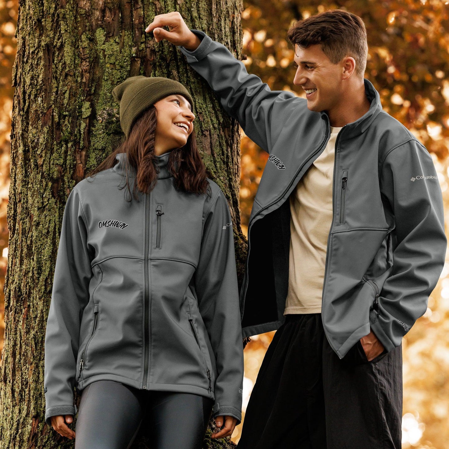 Omshway Columbia Soft Shell Jacket featuring a sleek design, water-resistant fabric, and a comfortable fit, perfect for outdoor activities and casual wear, griphite front view