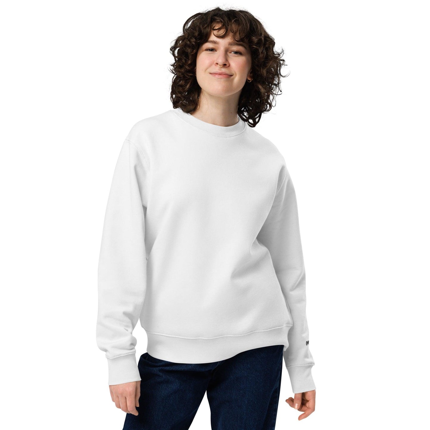 Omshway Unisex Eco Sweatshirt made from sustainable materials, offering comfort, style, and a relaxed fit for everyday wear white front