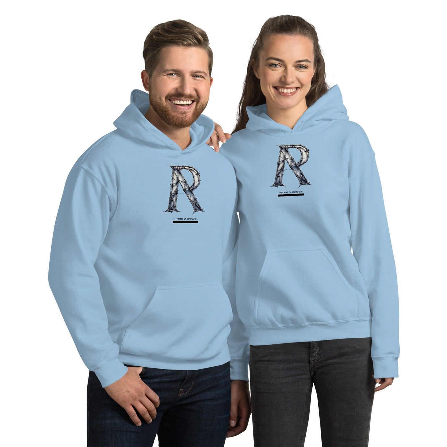 Omshway Unisex Hoodie featuring 'THORNS OF STRUGGLE' graphic, soft fabric, adjustable hood, and a comfortable, stylish fit for casual wear light blue front - Omshway Store