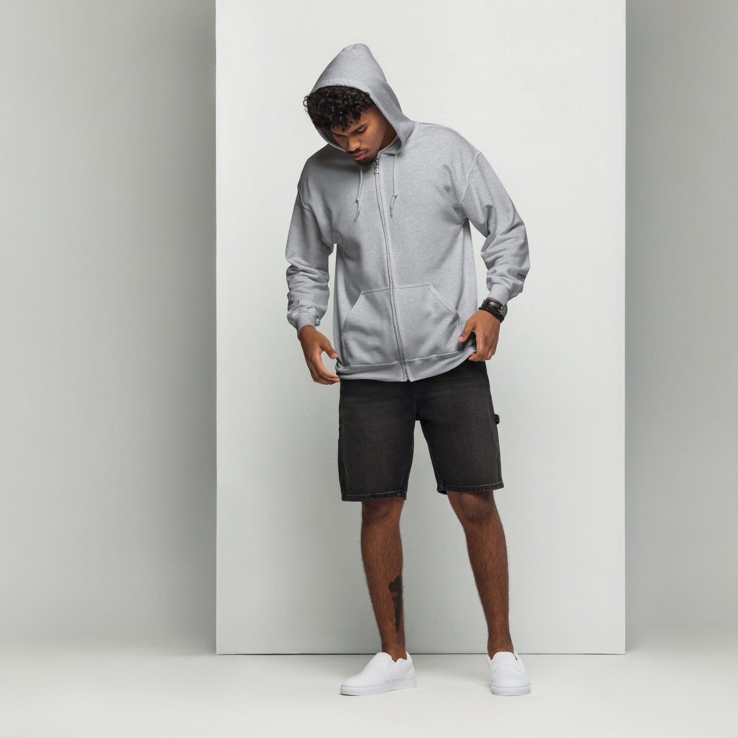 Omshway Unisex Heavy Blend Zip Hoodie made from durable fabric, featuring a front zipper, adjustable hood, and a comfortable, warm fit for all-day wear grey front - Omshway Store