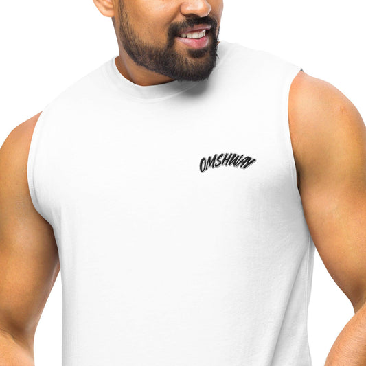 Omshway Muscle Shirt sleek, athletic, fit fabric, designed for maximum mobility and style during workouts or casual wear. white zoomed view