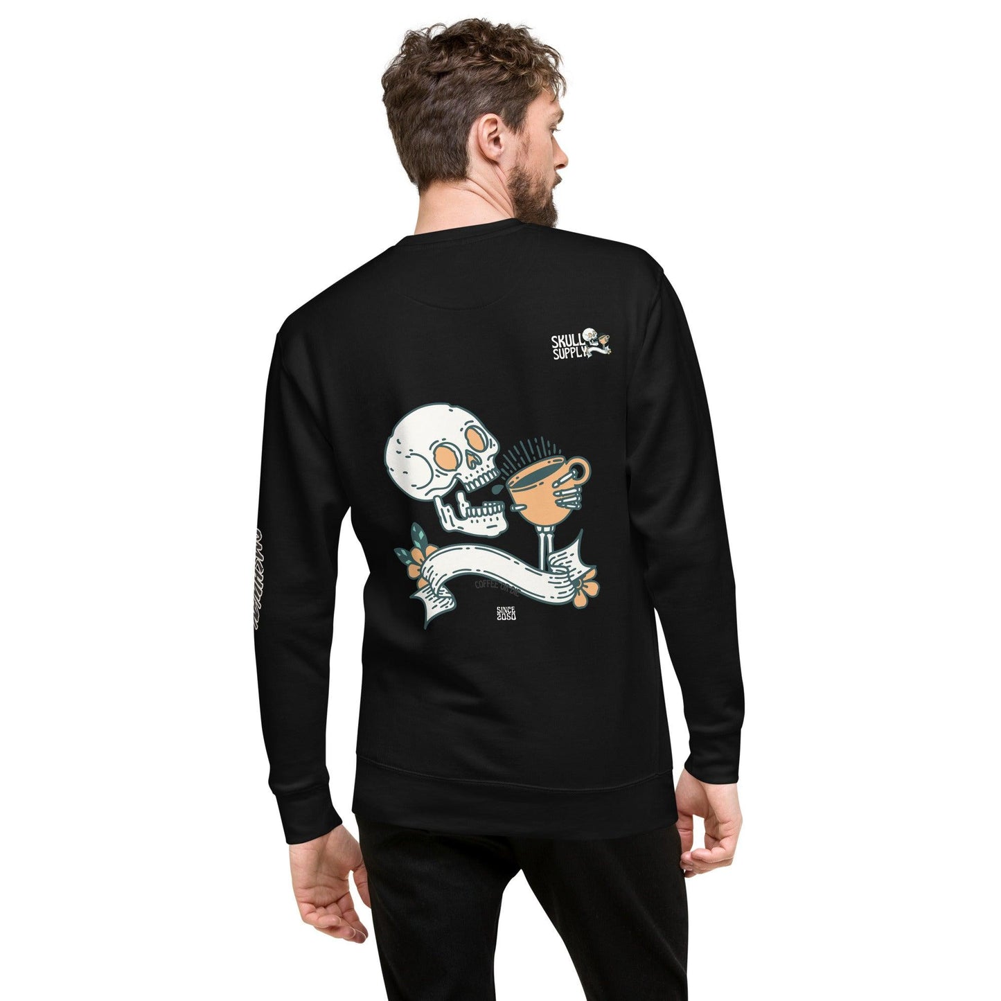 Omshway Coffee Skull Unisex Premium Sweatshirt featuring a bold skull graphic, crafted for a comfortable and stylish fit, perfect for both men and women, black back view