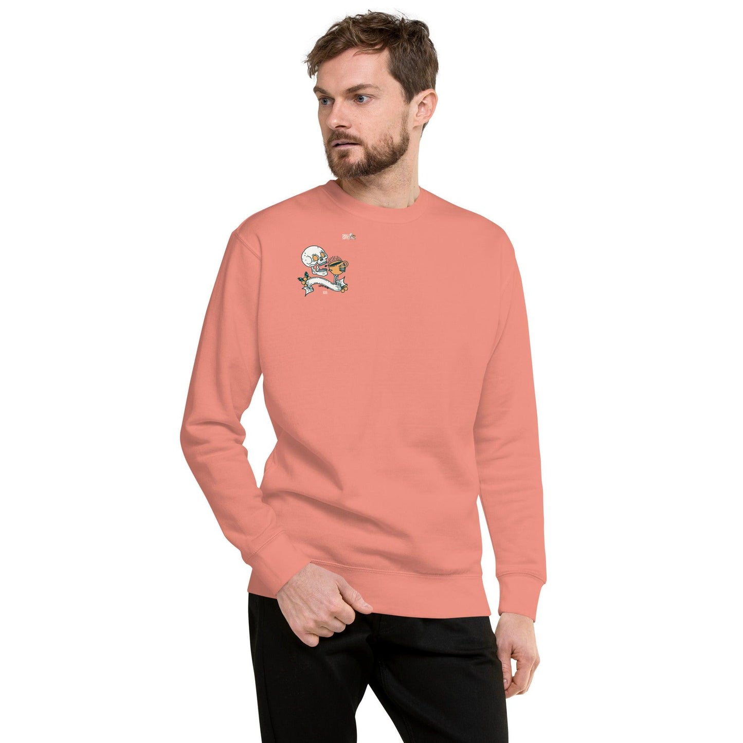 Omshway Coffee Skull Unisex Premium Sweatshirt featuring a bold skull graphic, crafted for a comfortable and stylish fit, perfect for both men and women,dusty rose front view