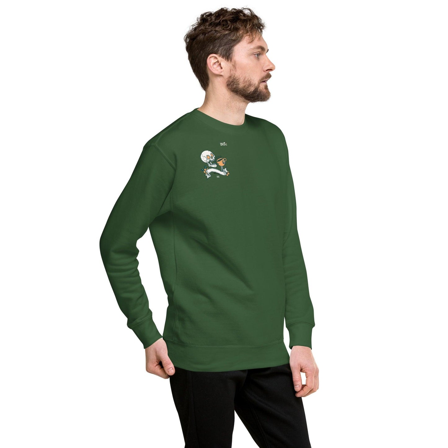 Omshway Coffee Skull Unisex Premium Sweatshirt featuring a bold skull graphic, crafted for a comfortable and stylish fit, perfect for both men and women, green right front view